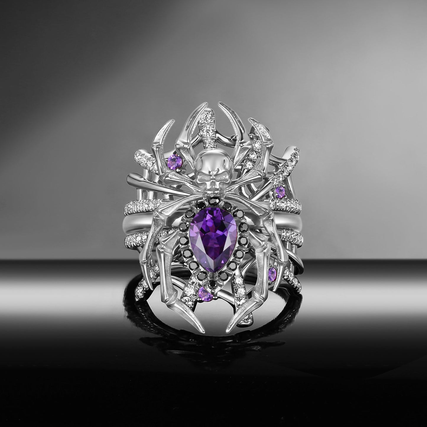 Spider Ring 'The Web' - Gothic Pear Cut Amethyst Engagement Ring Set with Skull Inspired Band