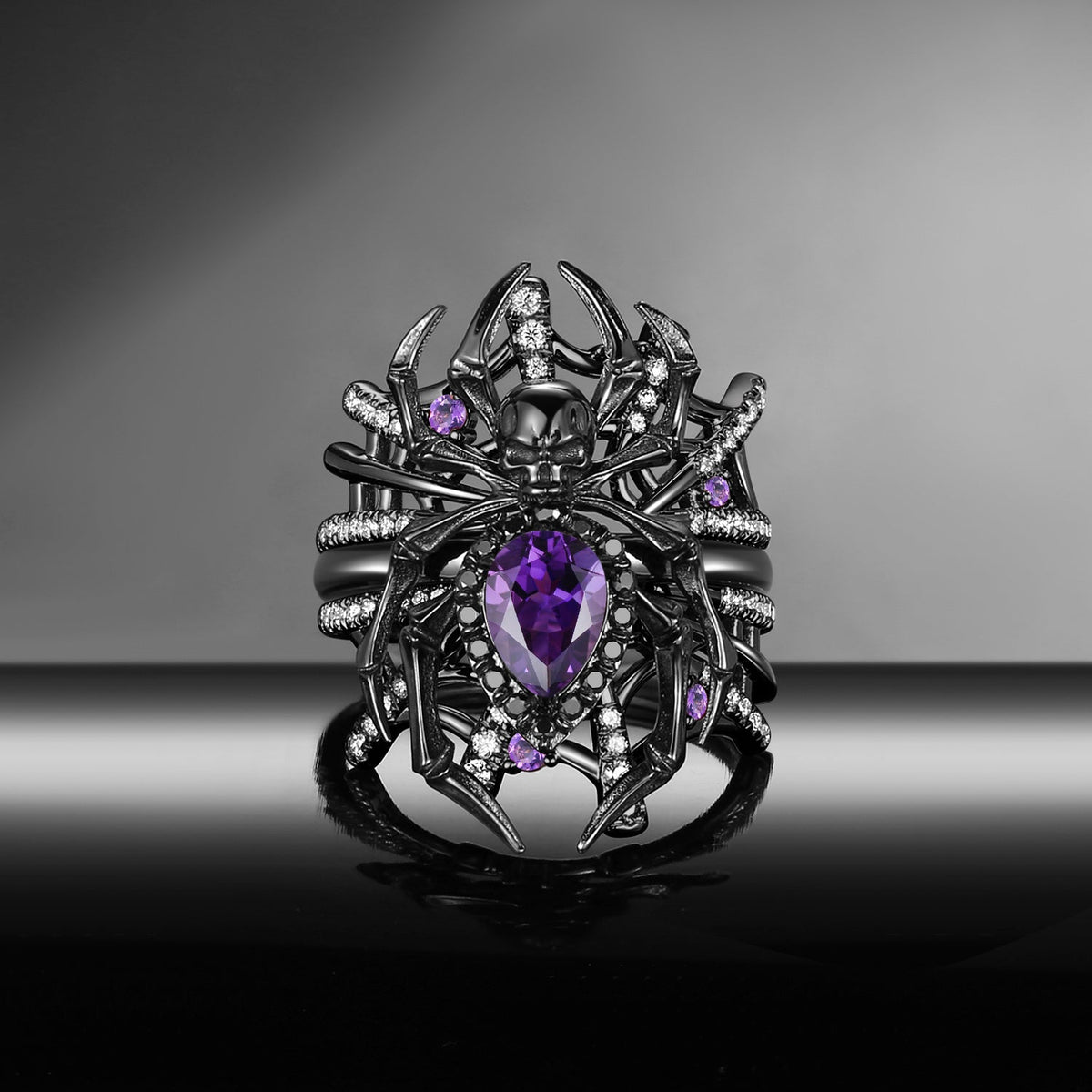 Spider Ring 'The Web' - Gothic Pear Cut Amethyst Engagement Ring Set with Skull Inspired Band