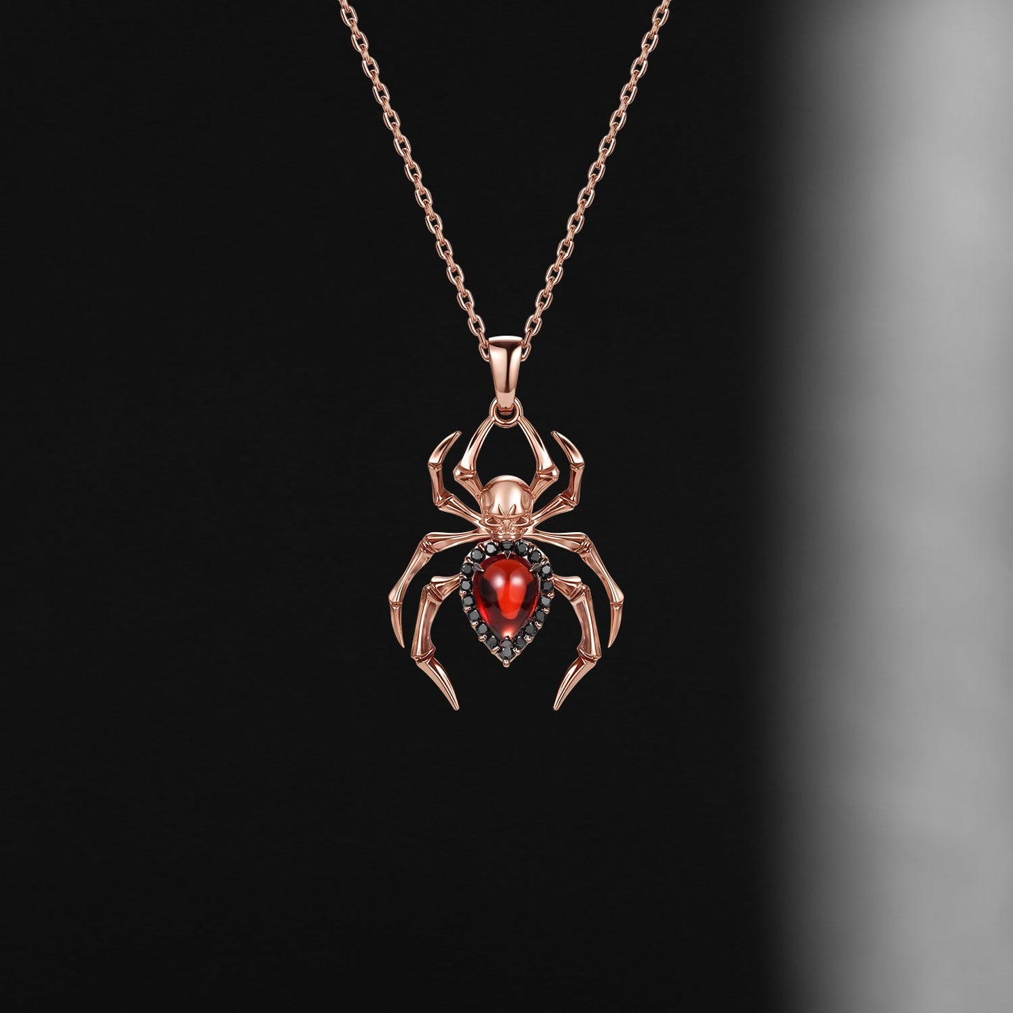 Unique Spider & Skull Pear Cut Garnet Halloween Gothic Pendant Necklace