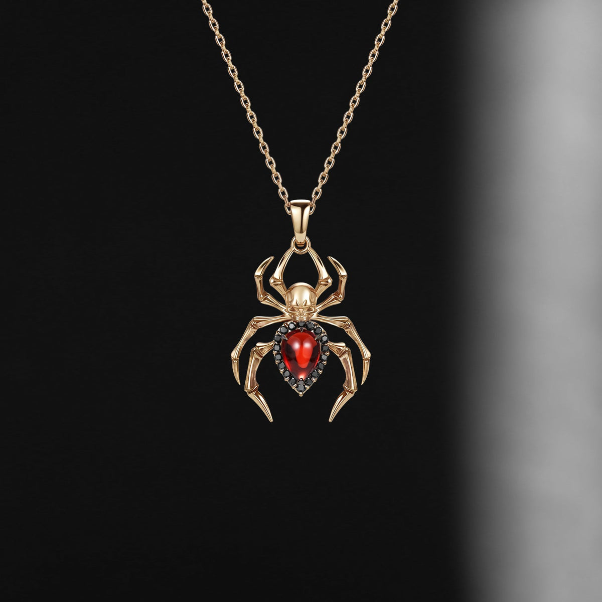 Unique Spider & Skull Pear Cut Garnet Halloween Gothic Pendant Necklace