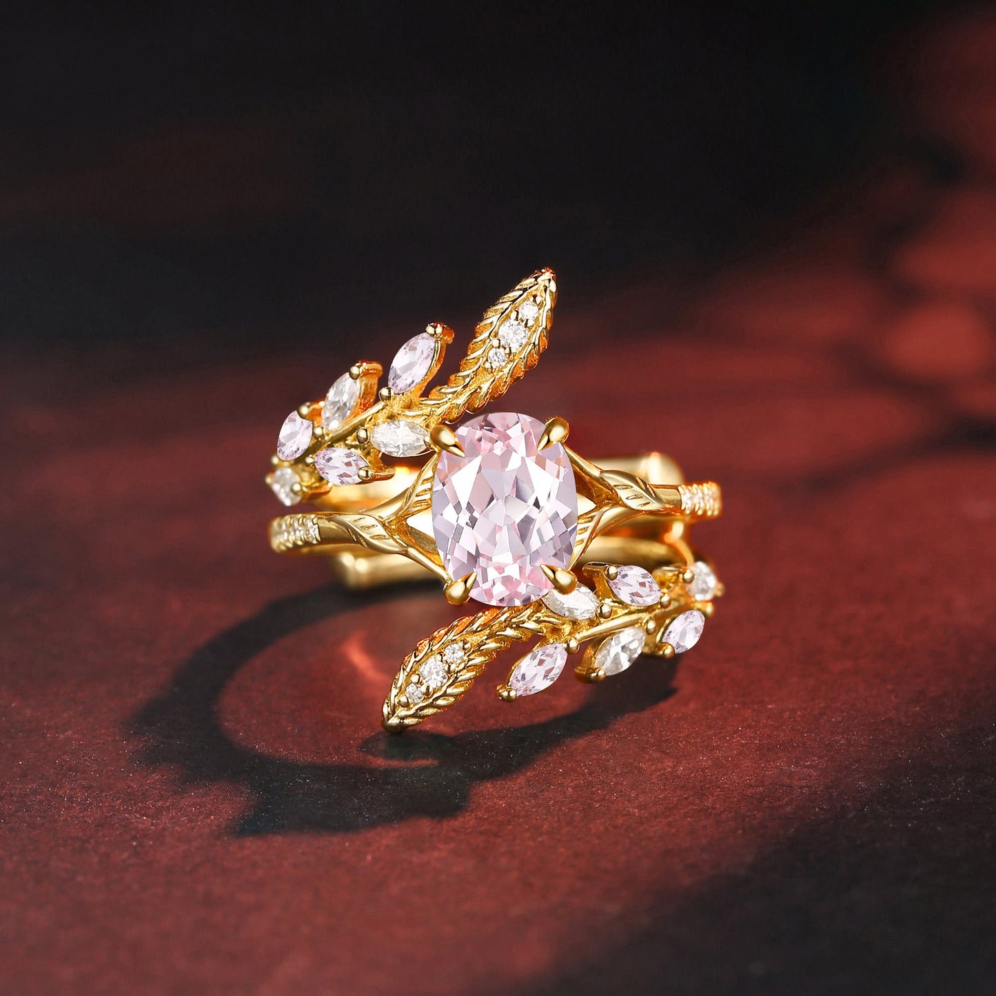 Nature Inspired Oval Lab Pink Sapphire Snake Twist Cage Ring Set 2pcs - Serpent's Embrace