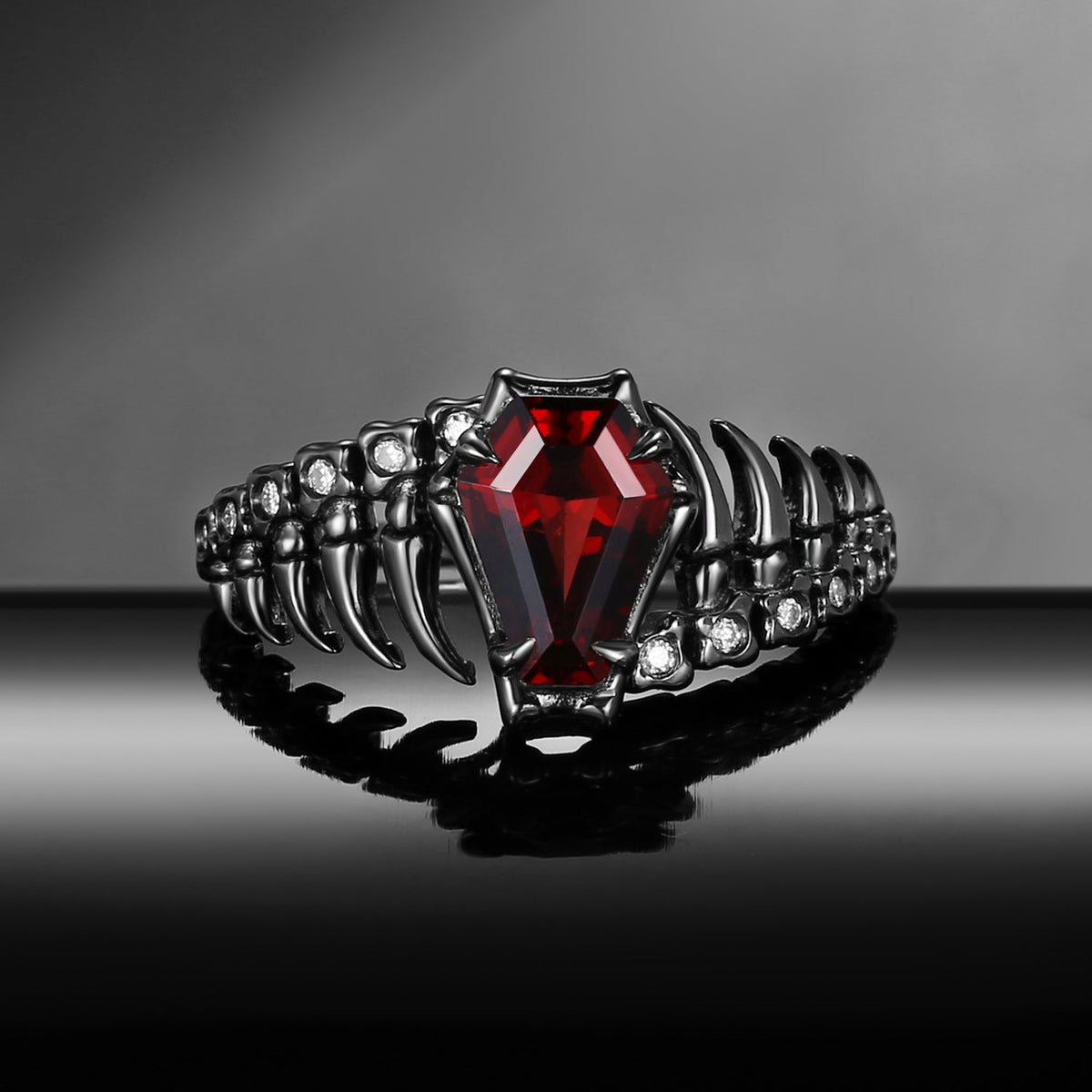 Gothic Inspired Skull & Skeleton Coffin Cut Garnet Engagement Ring