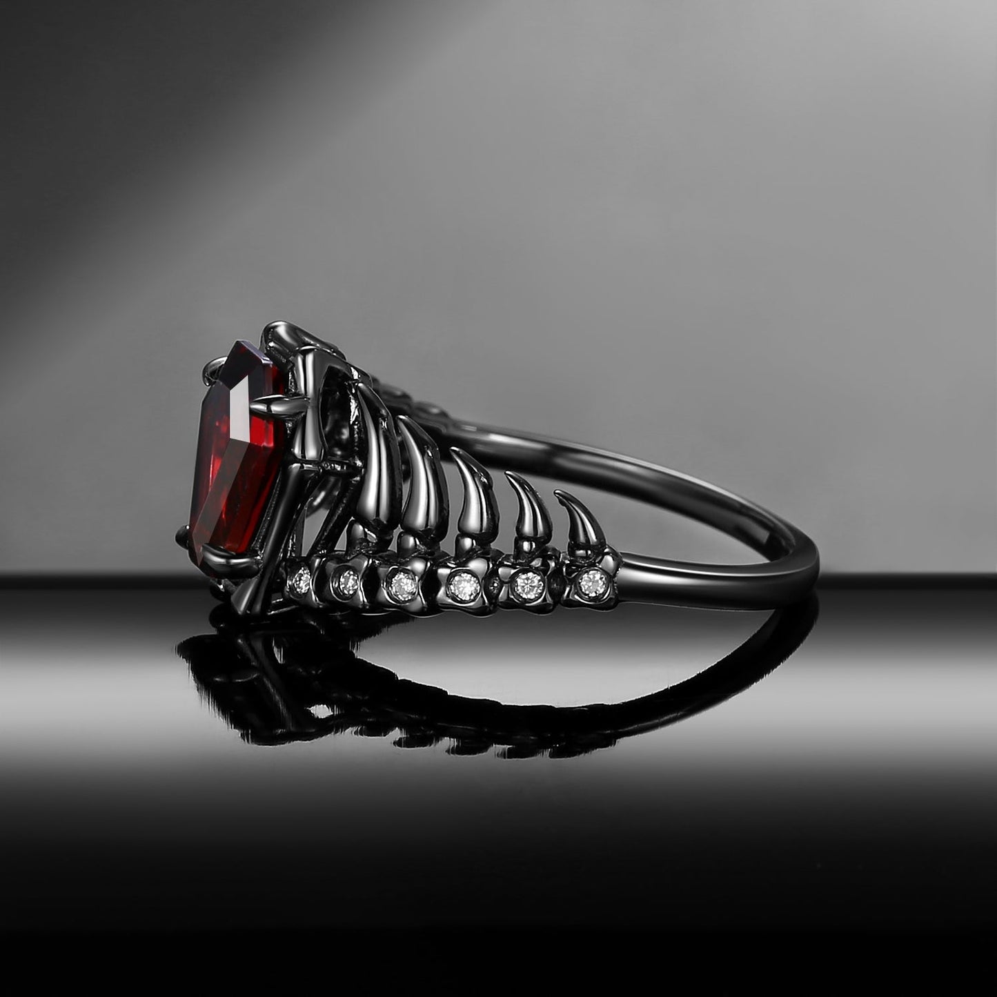 Gothic Inspired Skull & Skeleton Coffin Cut Garnet Engagement Ring