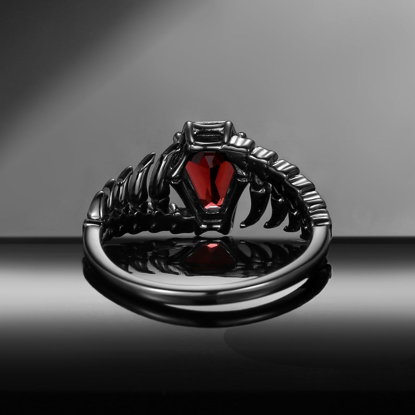 Gothic Inspired Skull & Skeleton Coffin Cut Garnet Engagement Ring