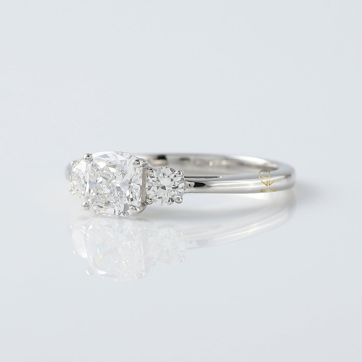 Cushion Cut Lab Grown Diamond Three Stone Engagement Ring