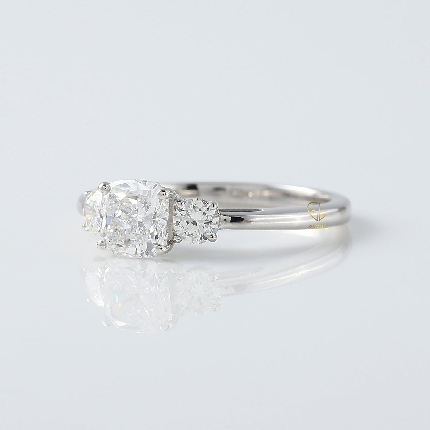 Cushion Cut Moissanite Three Stone Engagement Ring