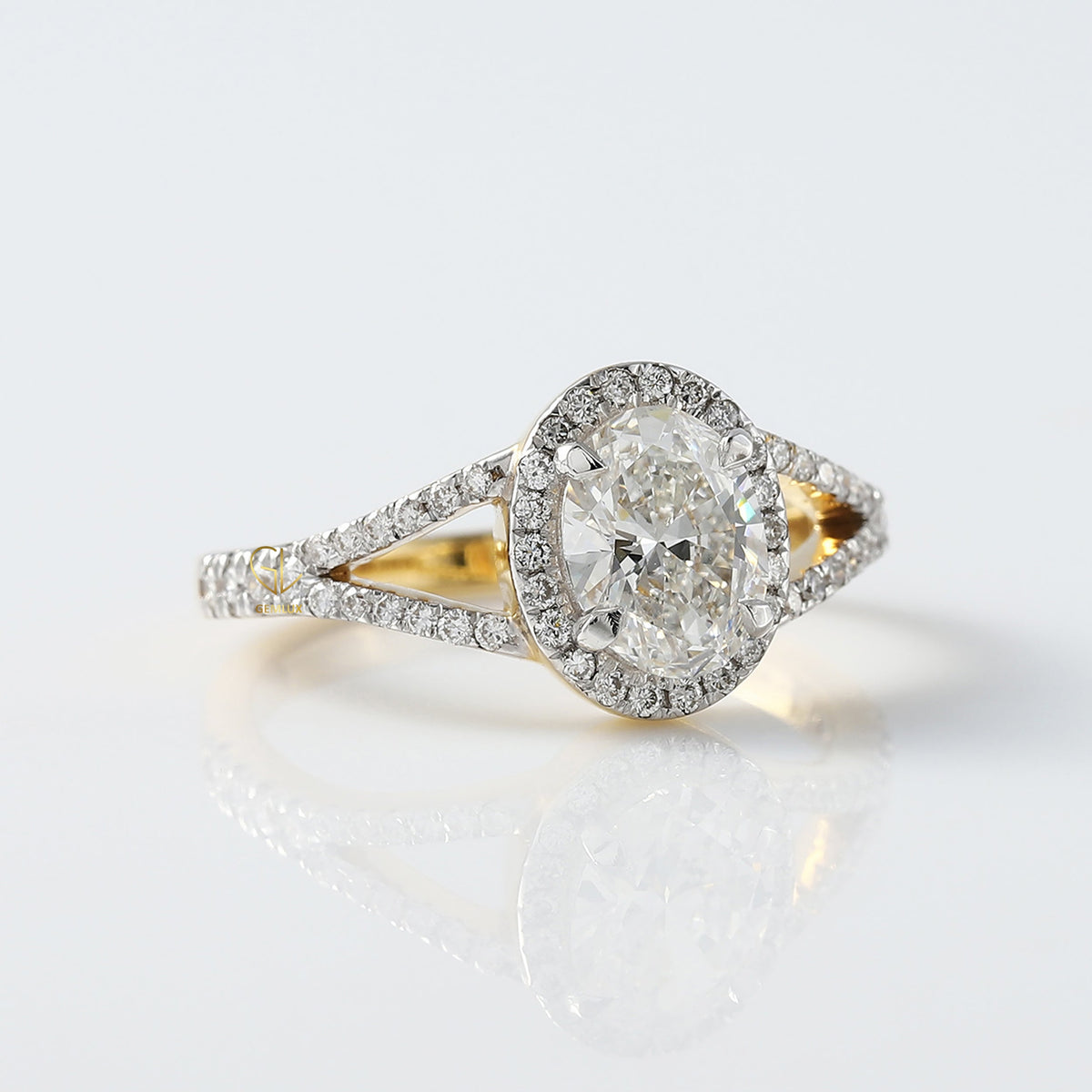 Oval Cut Moissanite Split Shank Halo Engagement Ring