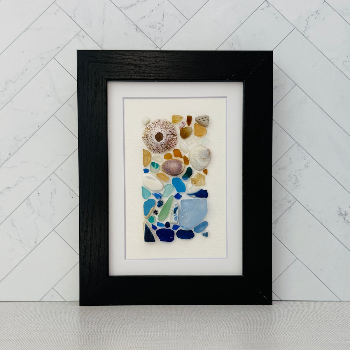 Beige and Blue Sea Glass & Shell Abstract Wall Art – 5×7 Framed Coastal Decor