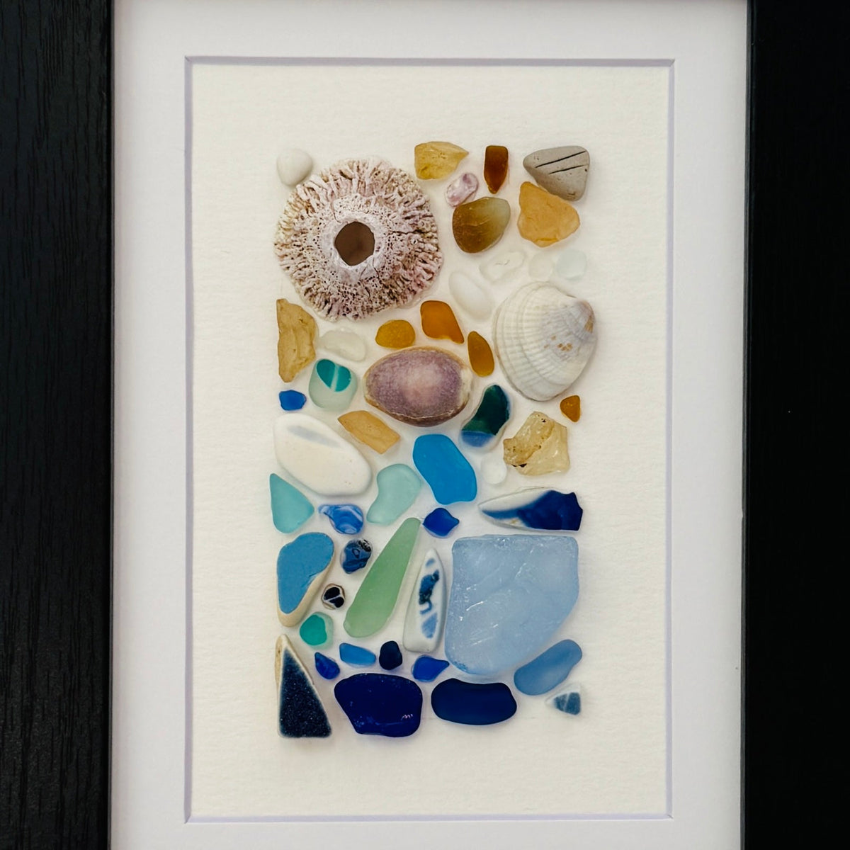 Beige and Blue Sea Glass & Shell Abstract Wall Art – 5×7 Framed Coastal Decor