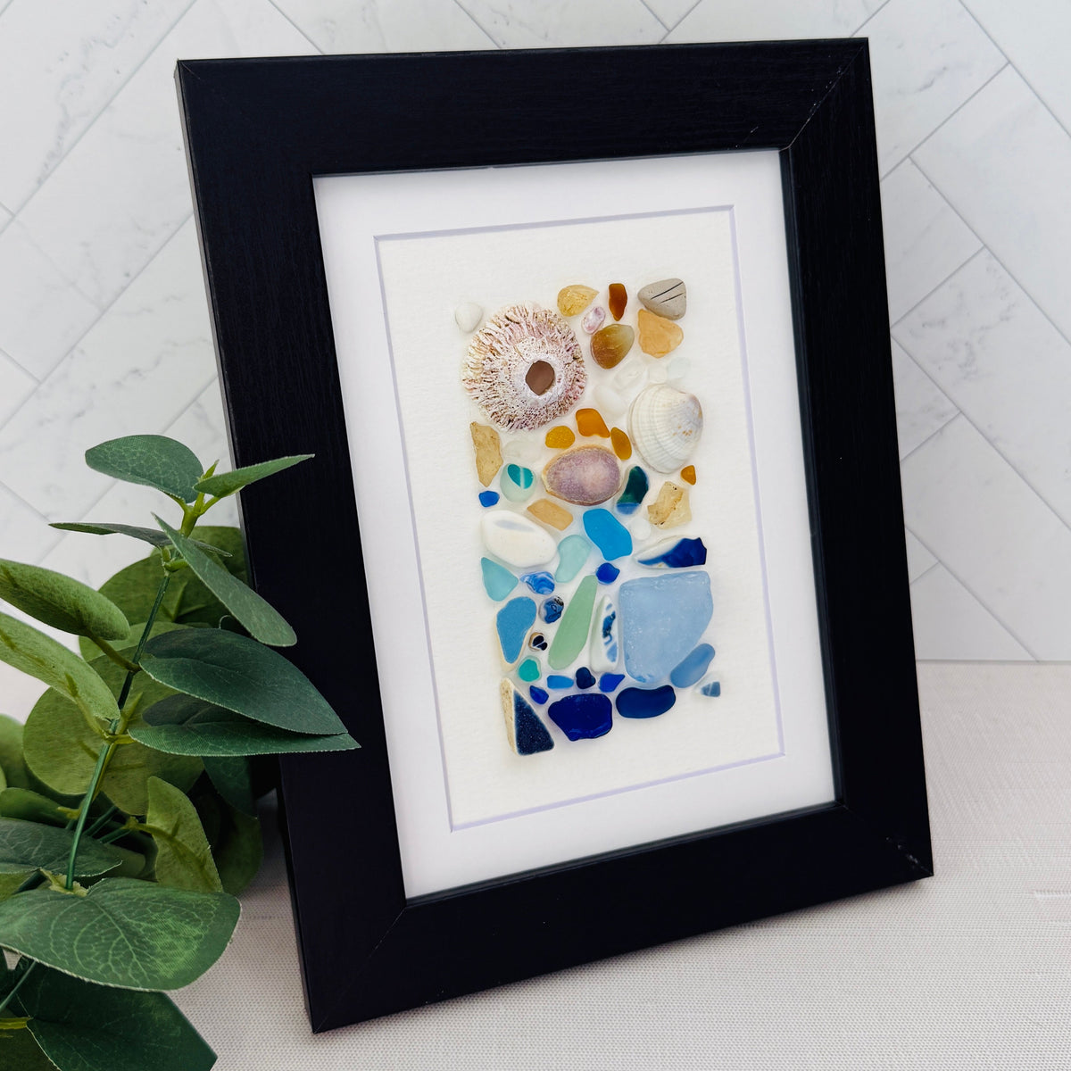Beige and Blue Sea Glass & Shell Abstract Wall Art – 5×7 Framed Coastal Decor