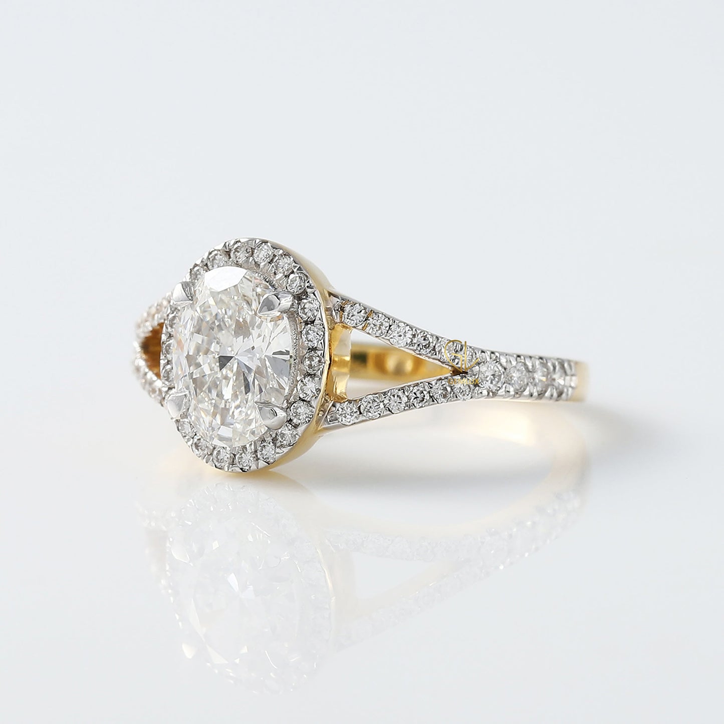 Oval Cut Moissanite Split Shank Halo Engagement Ring