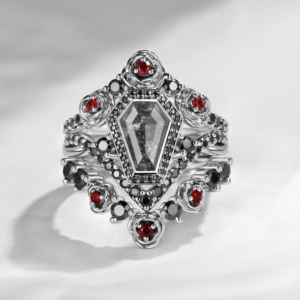 Unique Coffin Salt & Pepper Diamond Gothic Rose Flower Engagement Ring Set 3pcs