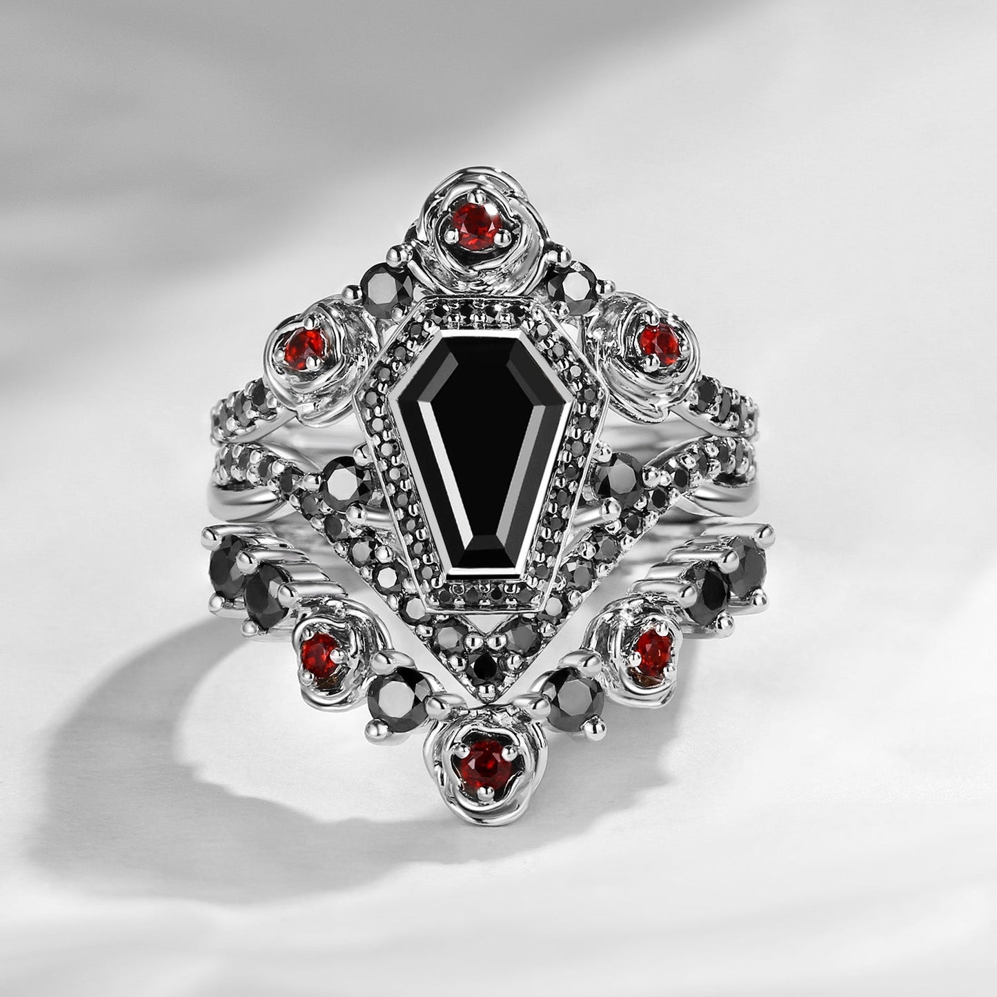 Unique Coffin Salt & Pepper Diamond Gothic Rose Flower Engagement Ring Set 3pcs