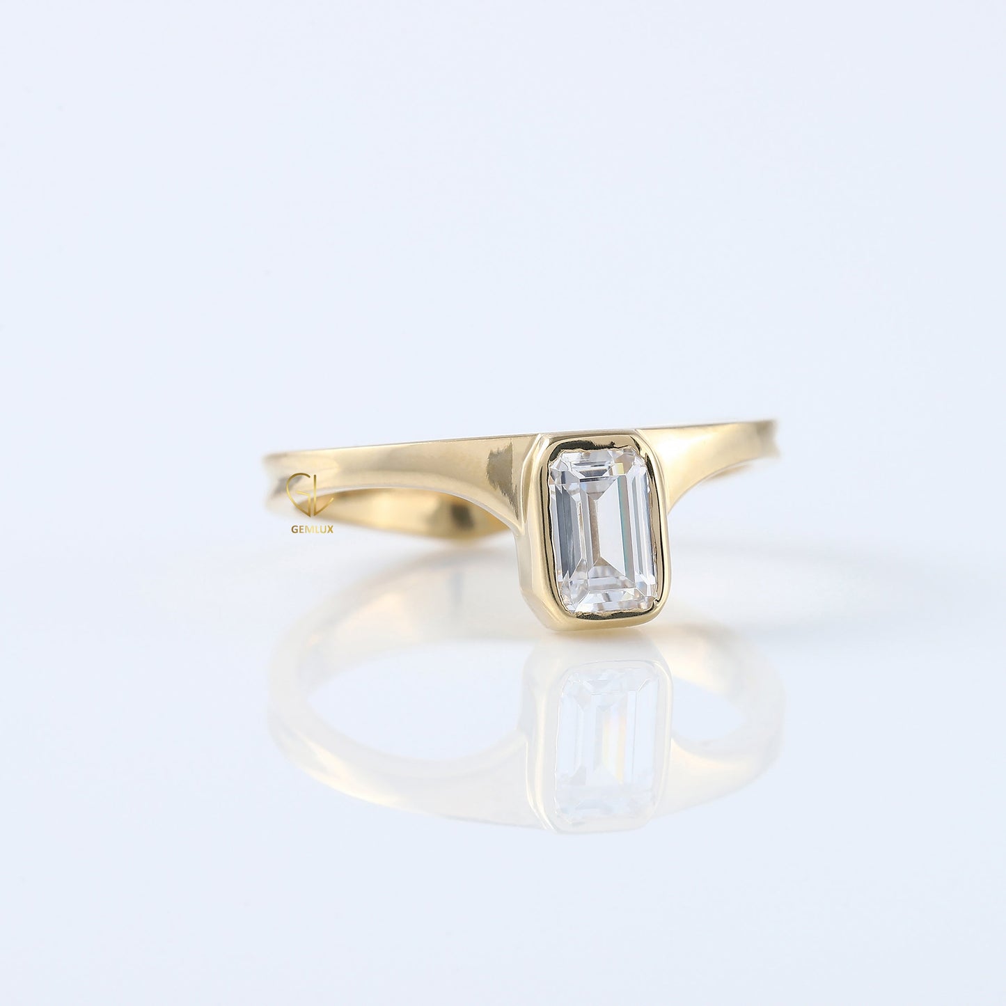 Emerald Cut Lab Grown Bezel Set Curved Solitaire Ring