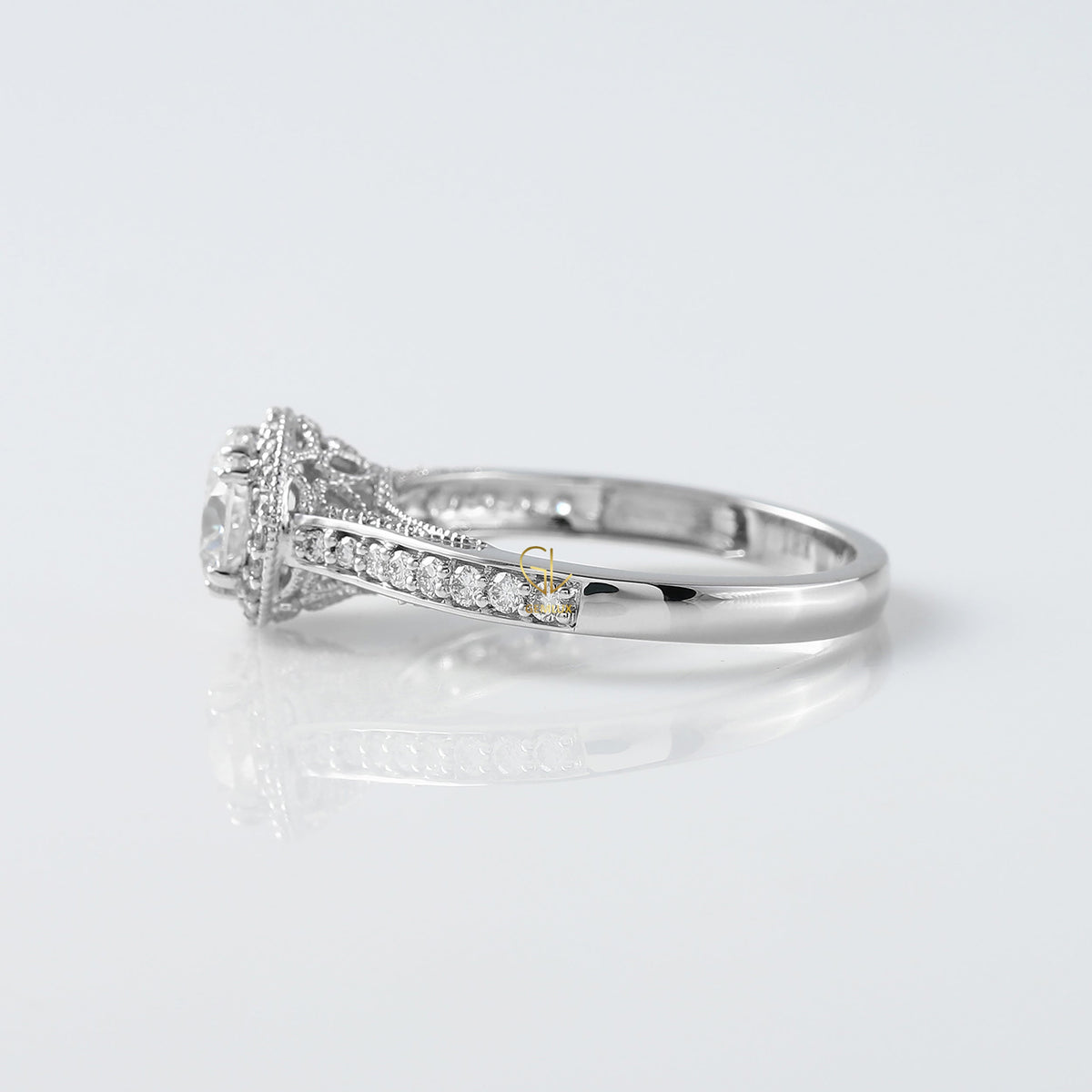 Round Moissanite Halo Accent Engagement Ring