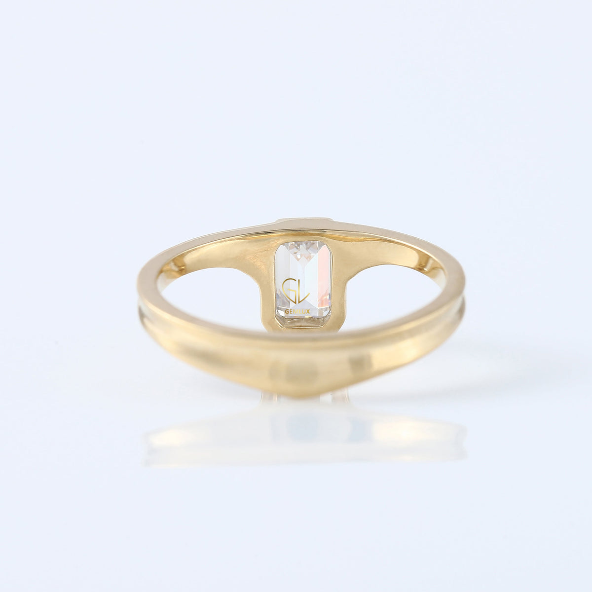 Emerald Cut Lab Grown Bezel Set Curved Solitaire Ring