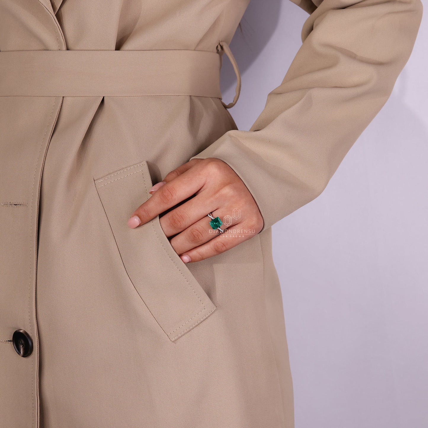 Green Emerald Birthstone Ring with twisted Shank Pave Setting