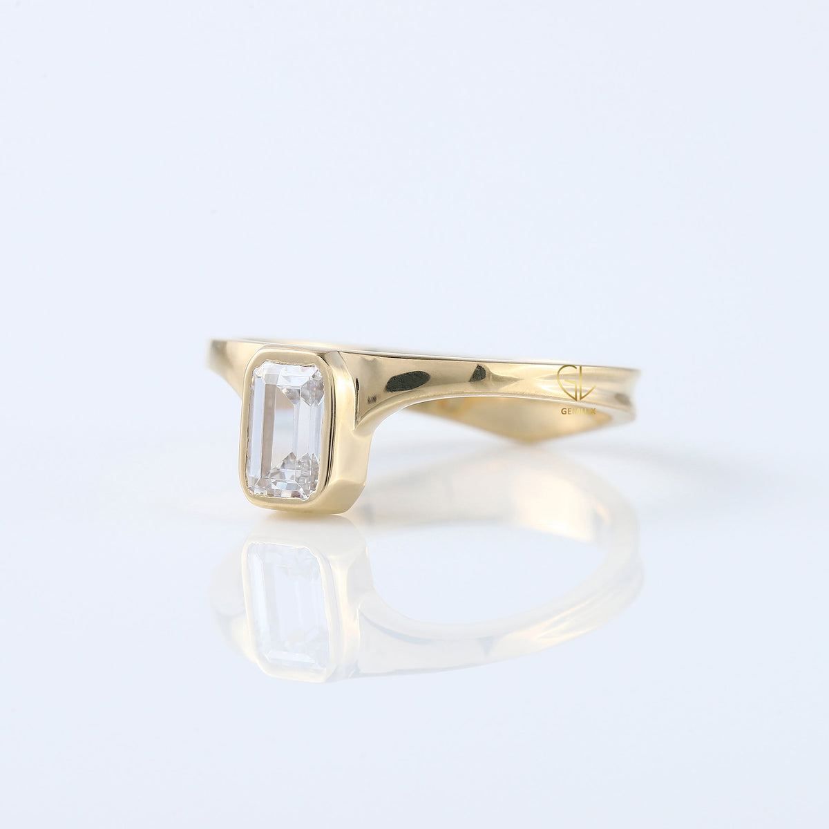 Emerald Cut Lab Grown Bezel Set Curved Solitaire Ring