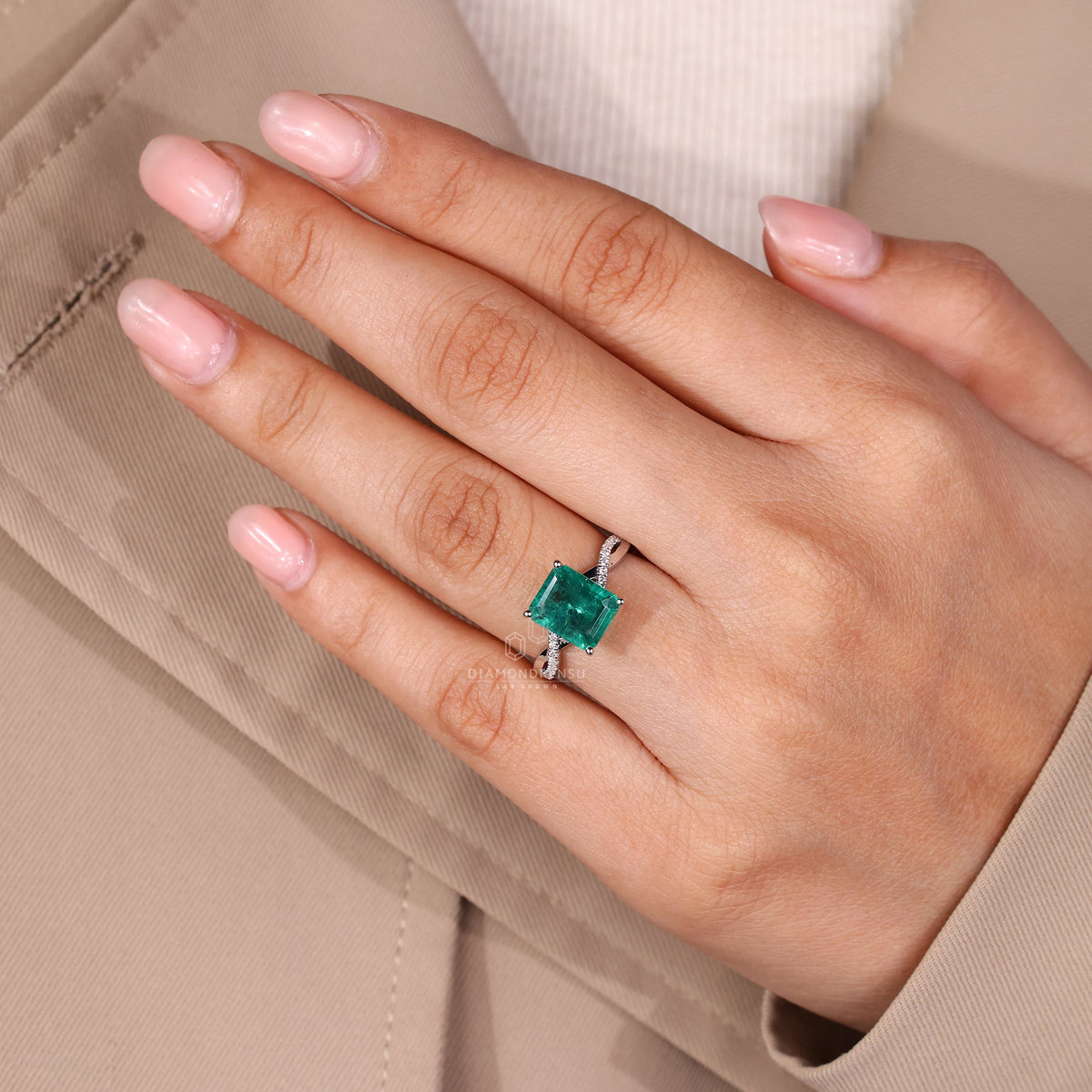 Green Emerald Birthstone Ring with twisted Shank Pave Setting
