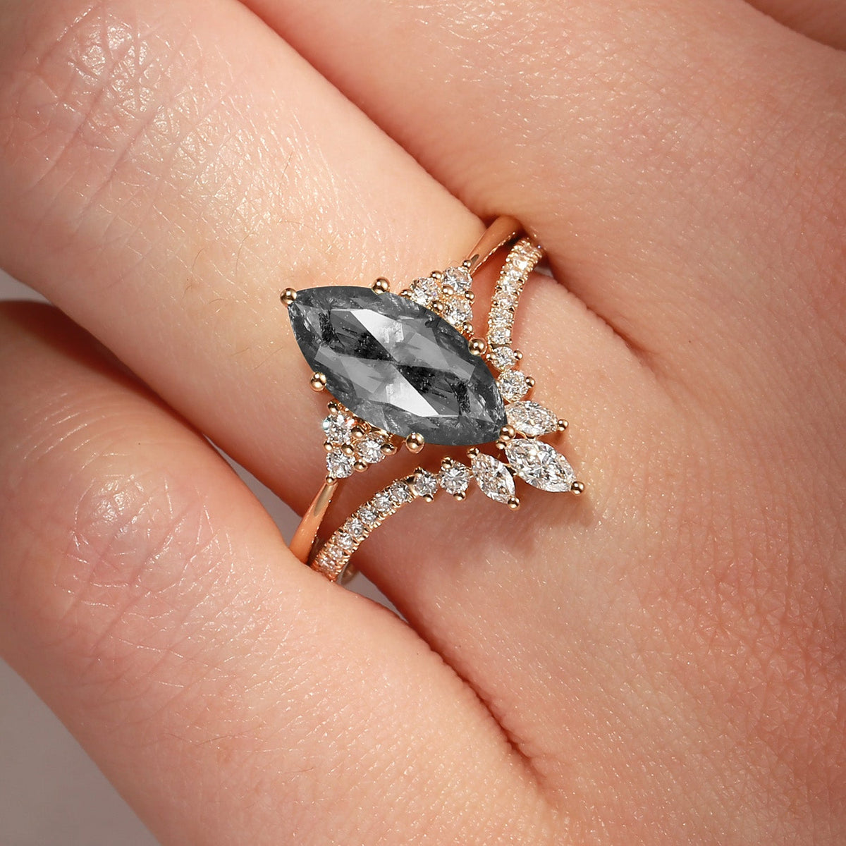 Classic Style Marquise Cut Salt & Pepper Diamond Cluster Engagement Ring Set