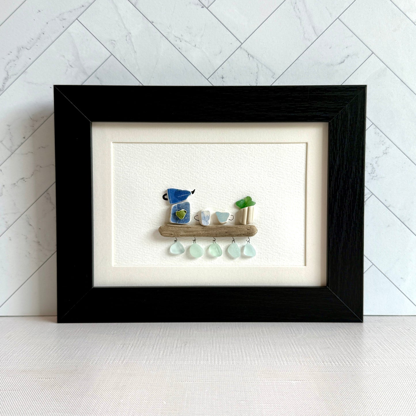 Coffee Bar Sea Glass Art – 5x7 Framed Coastal Beach Pottery Wall Decor