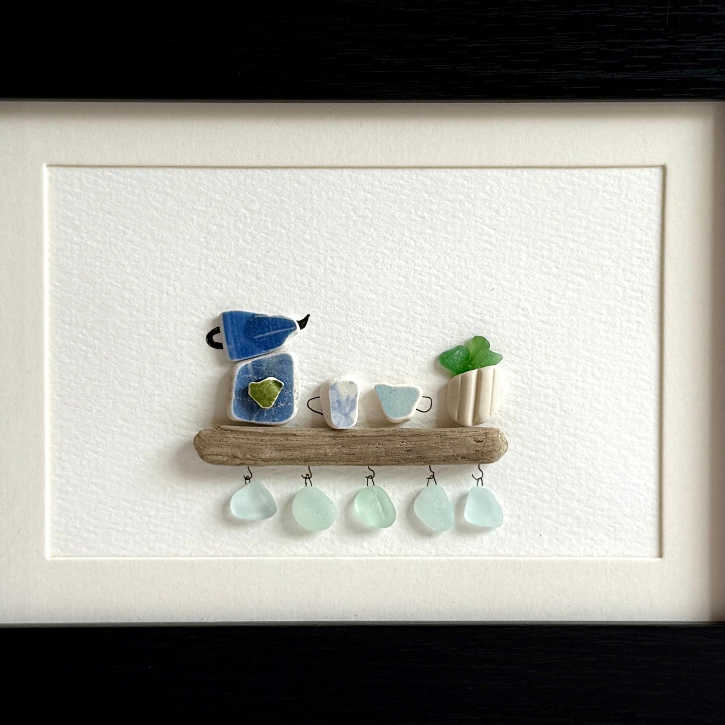 Coffee Bar Sea Glass Art – 5x7 Framed Coastal Beach Pottery Wall Decor
