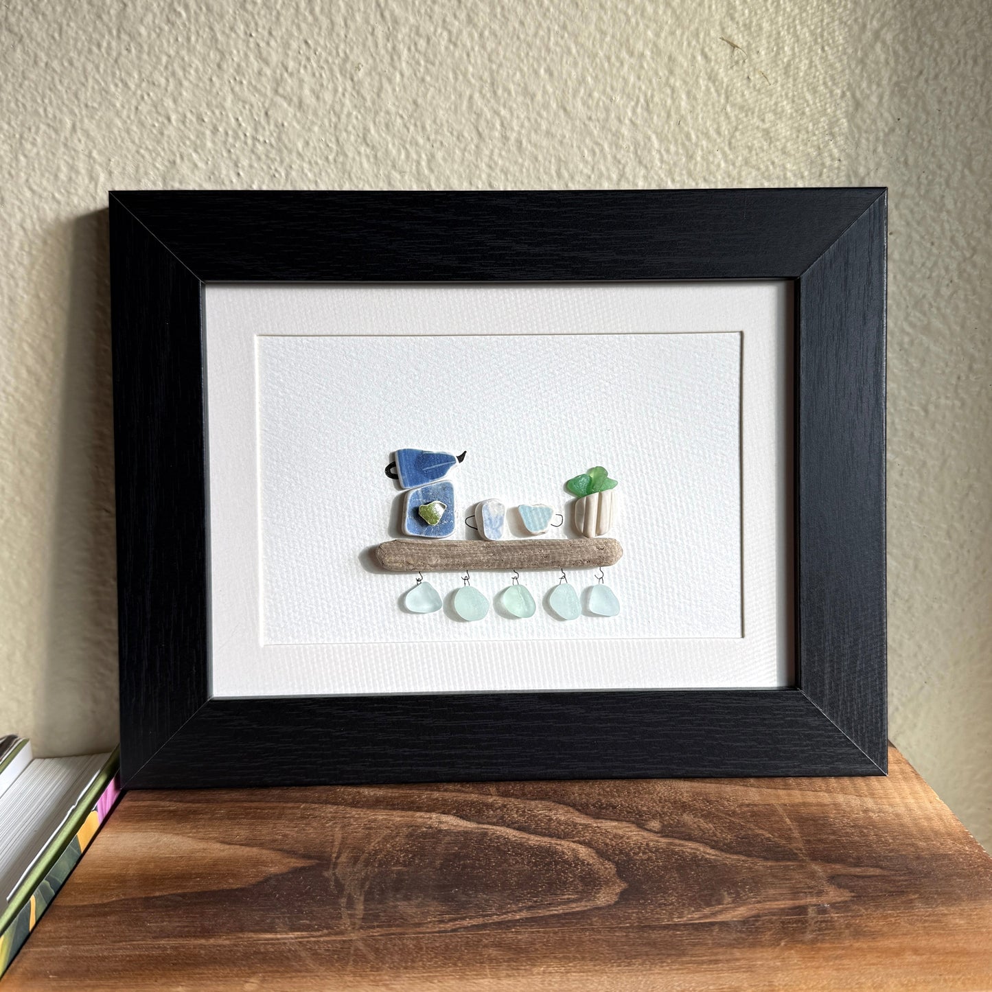Coffee Bar Sea Glass Art – 5x7 Framed Coastal Beach Pottery Wall Decor