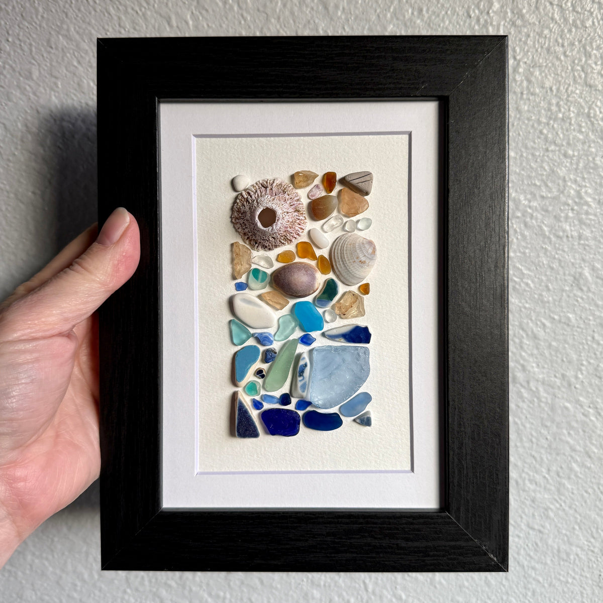 Beige and Blue Sea Glass & Shell Abstract Wall Art – 5×7 Framed Coastal Decor