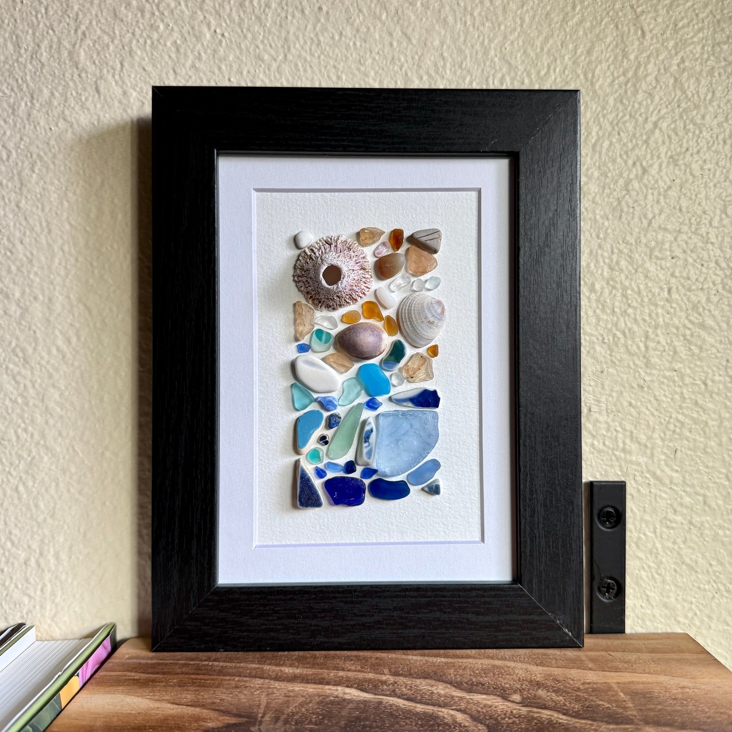 Beige and Blue Sea Glass & Shell Abstract Wall Art – 5×7 Framed Coastal Decor