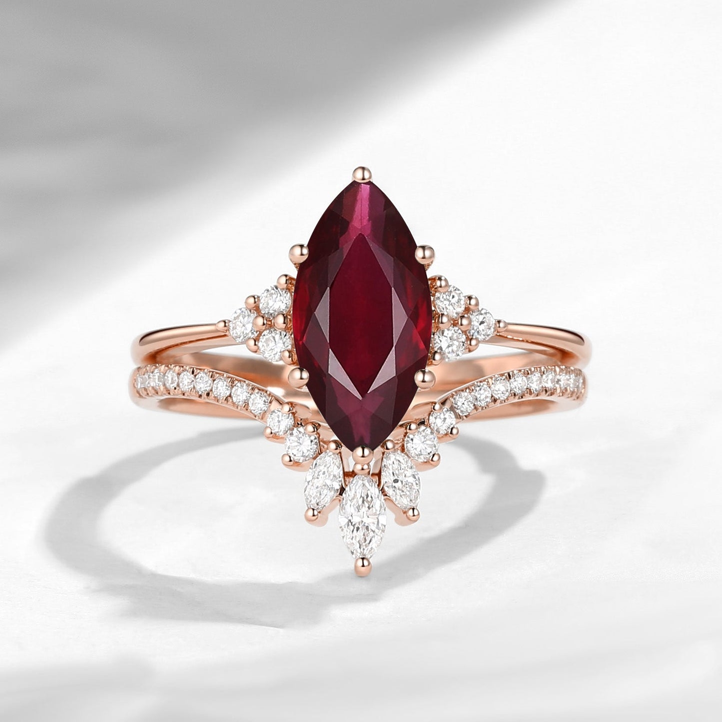 Classic Style Marquise Cut Natural Ruby Cluster Engagement Ring Set 2pcs - Electra