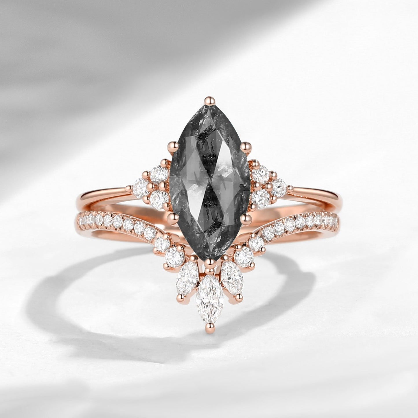 Classic Style Marquise Cut Salt & Pepper Diamond Cluster Engagement Ring Set