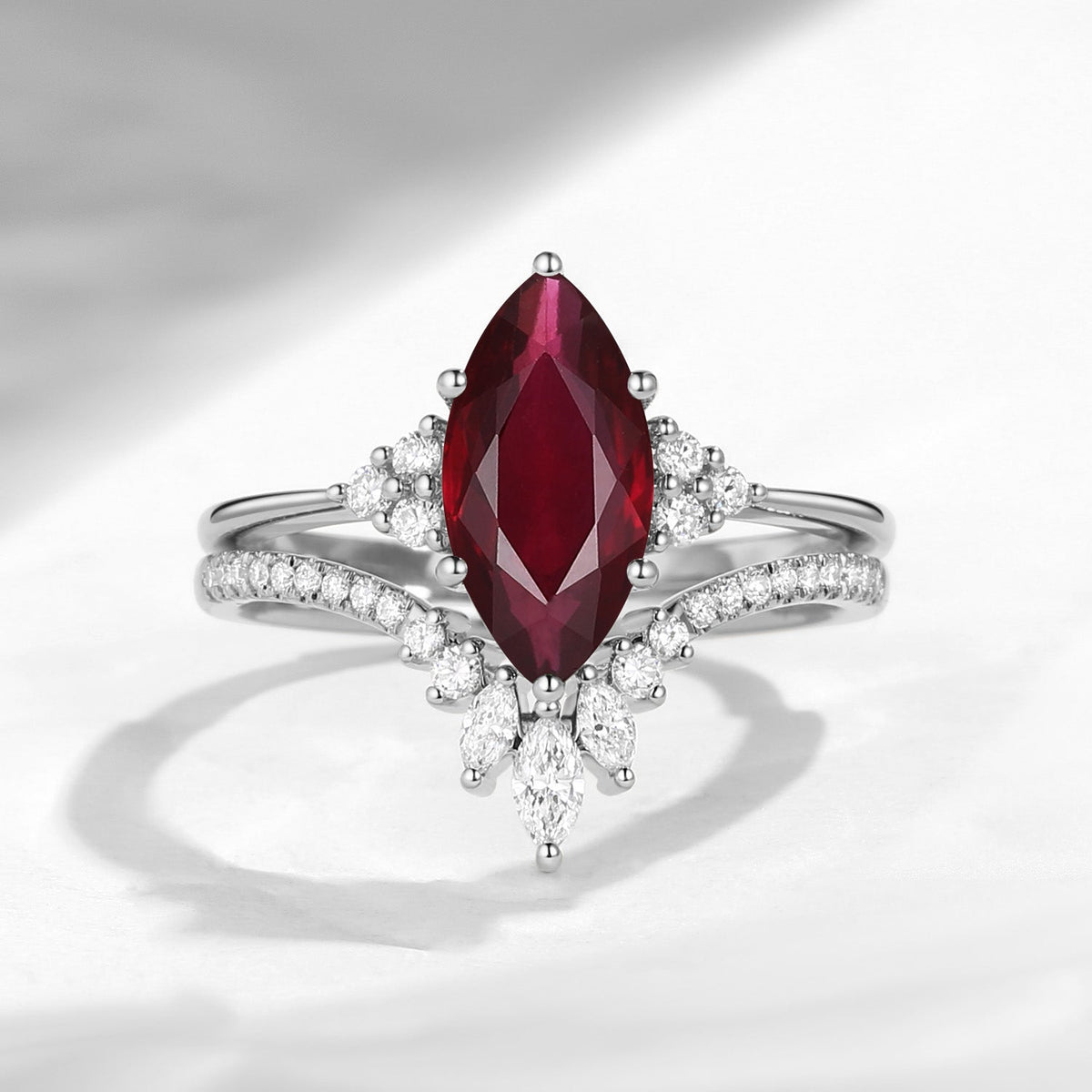 Classic Style Marquise Cut Natural Ruby Cluster Engagement Ring Set 2pcs - Electra