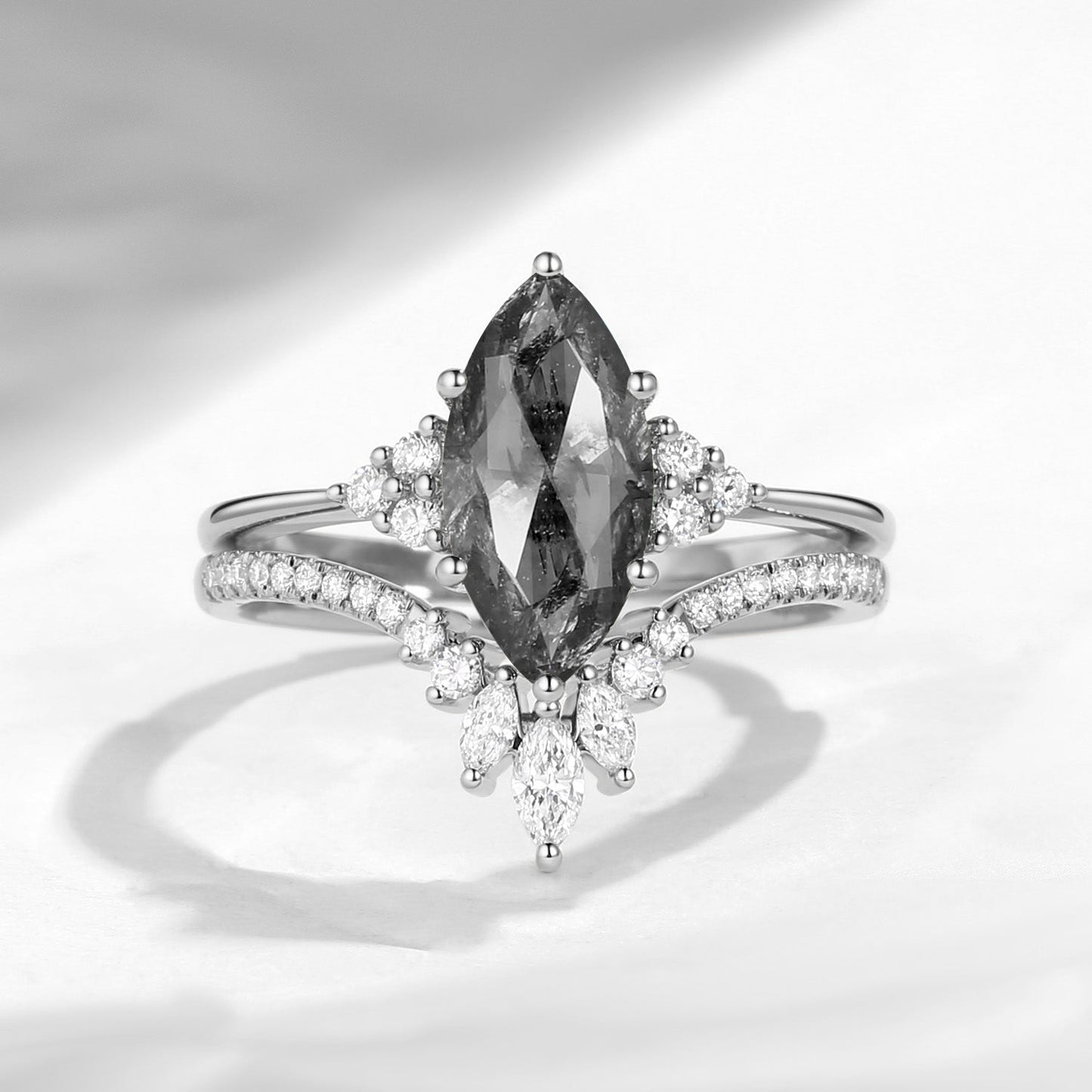 Classic Style Marquise Cut Salt & Pepper Diamond Cluster Engagement Ring Set