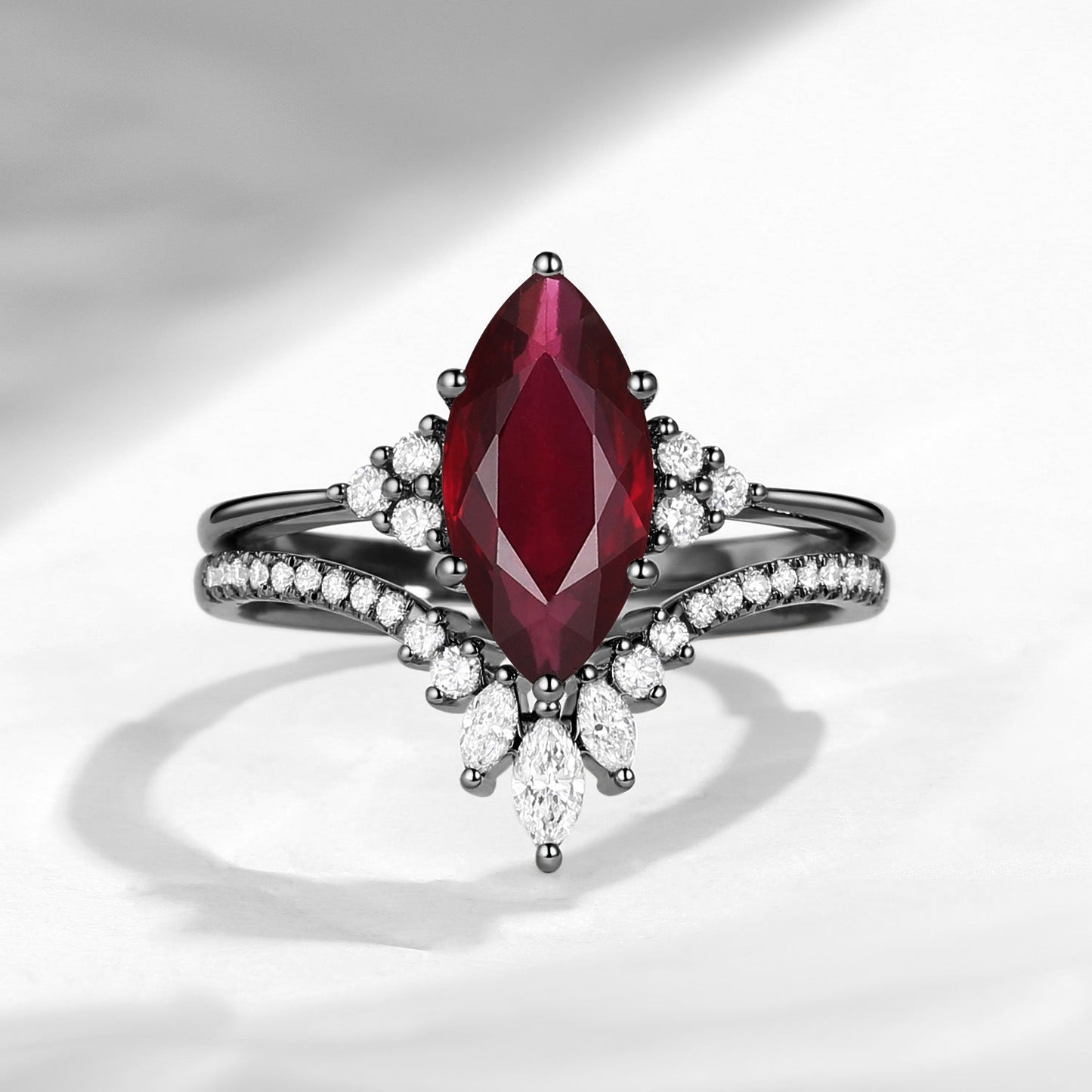 Classic Style Marquise Cut Natural Ruby Cluster Engagement Ring Set 2pcs - Electra