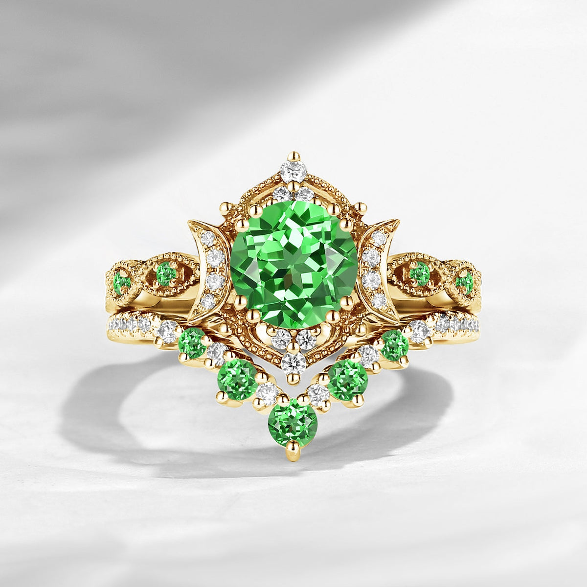 Crescent Moon | Round Cut Lab Tsavorite Vintage Milgrain Engagement Ring Set 2pcs
