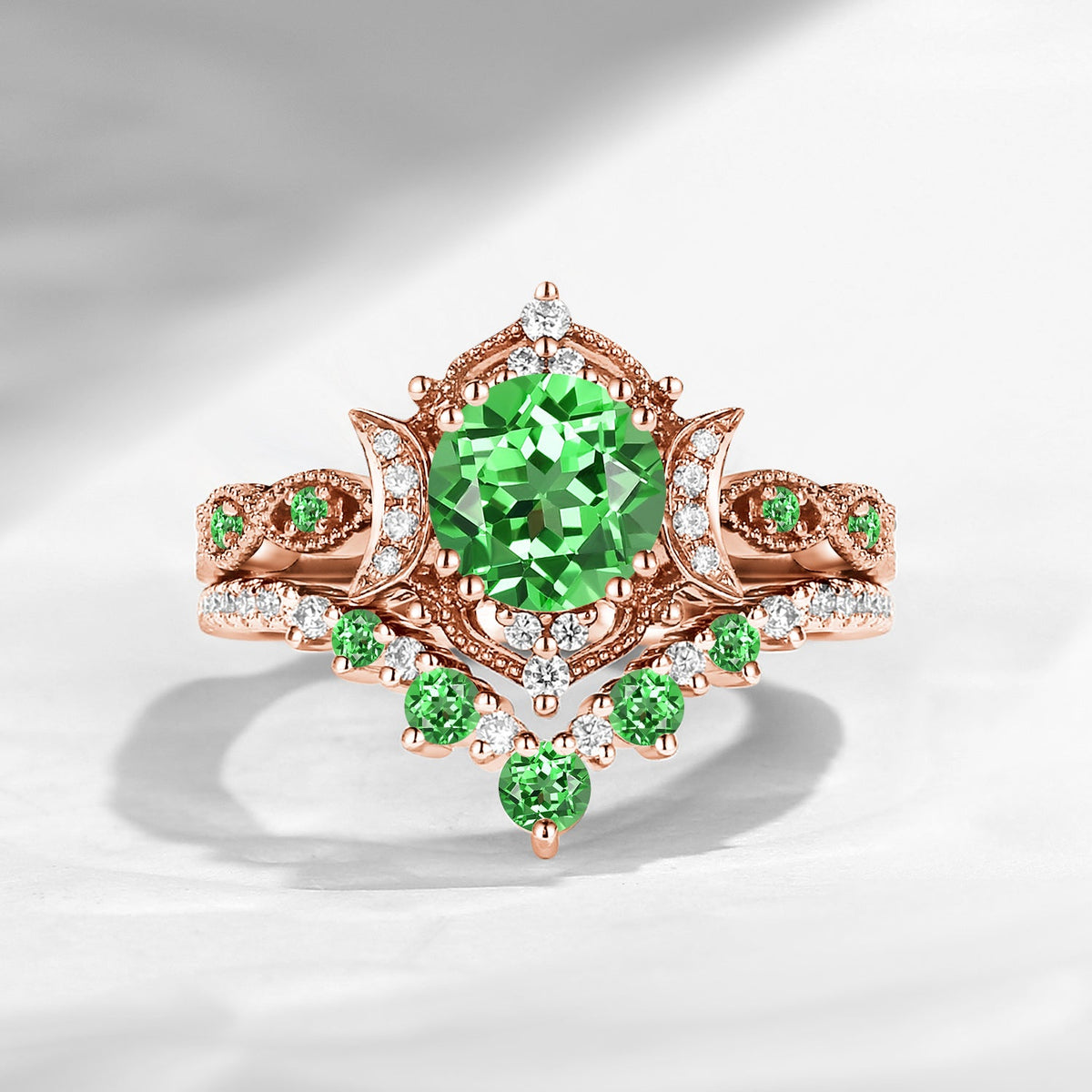 Crescent Moon | Round Cut Lab Tsavorite Vintage Milgrain Engagement Ring Set 2pcs