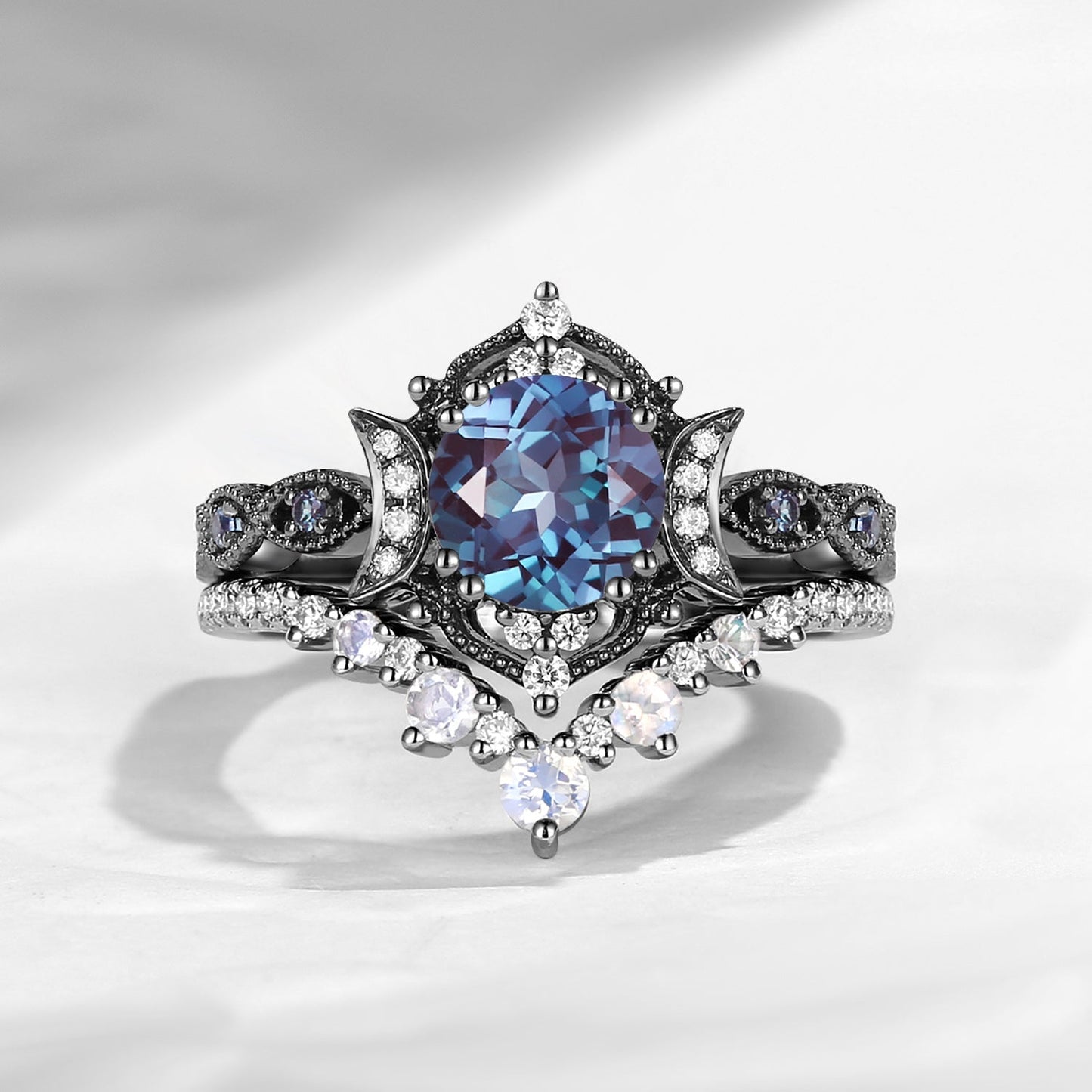Crescent Moon | Round Cut Lab Alexandrite 'Black Statement' Ring Set 2pcs