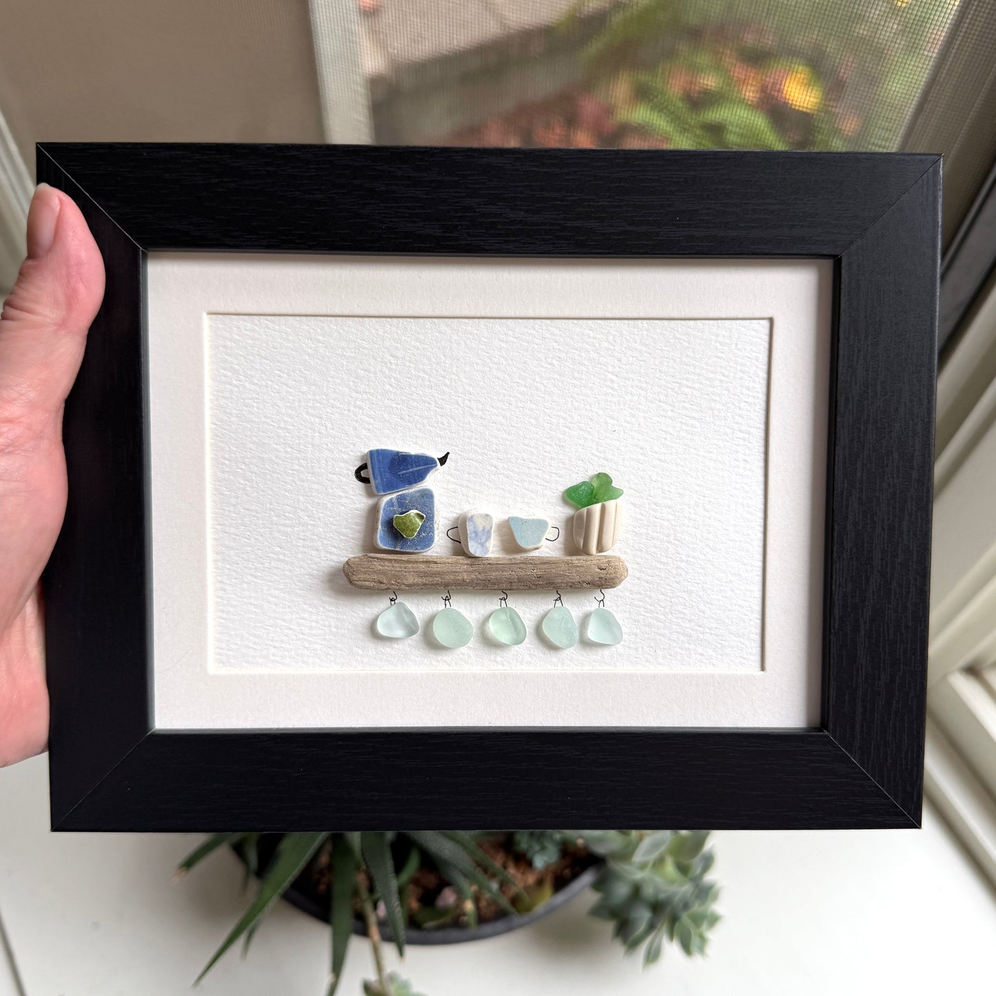 Coffee Bar Sea Glass Art – 5x7 Framed Coastal Beach Pottery Wall Decor