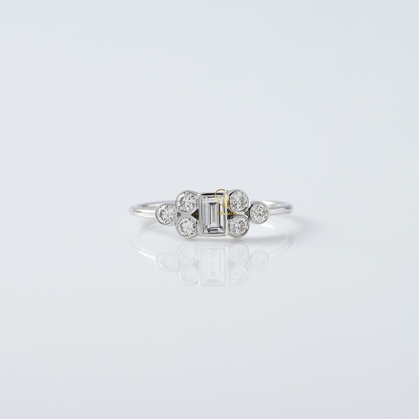 Emerald Cut Moissanite Seven Stone Ring - White Gold