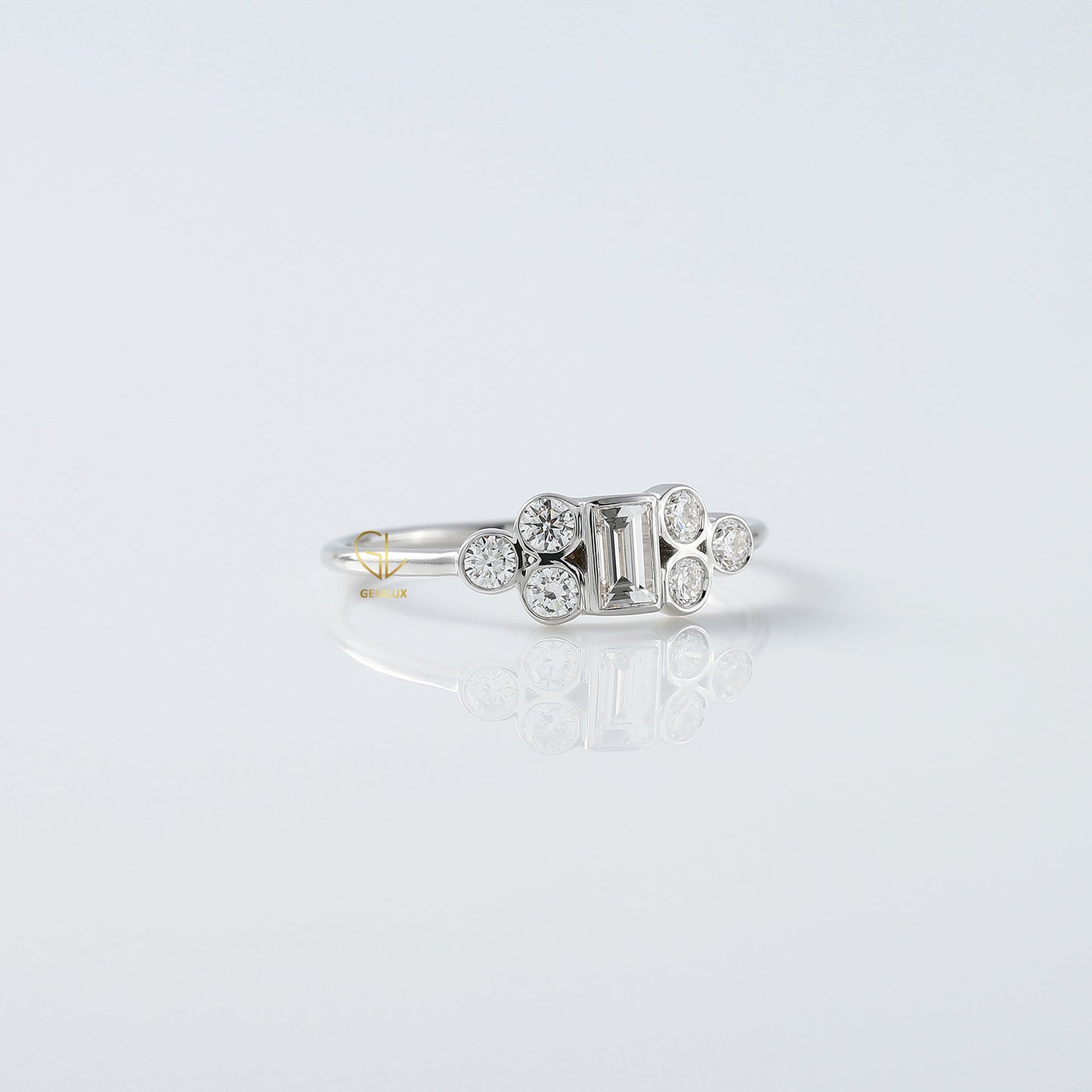 Emerald Cut Moissanite Seven Stone Ring - White Gold