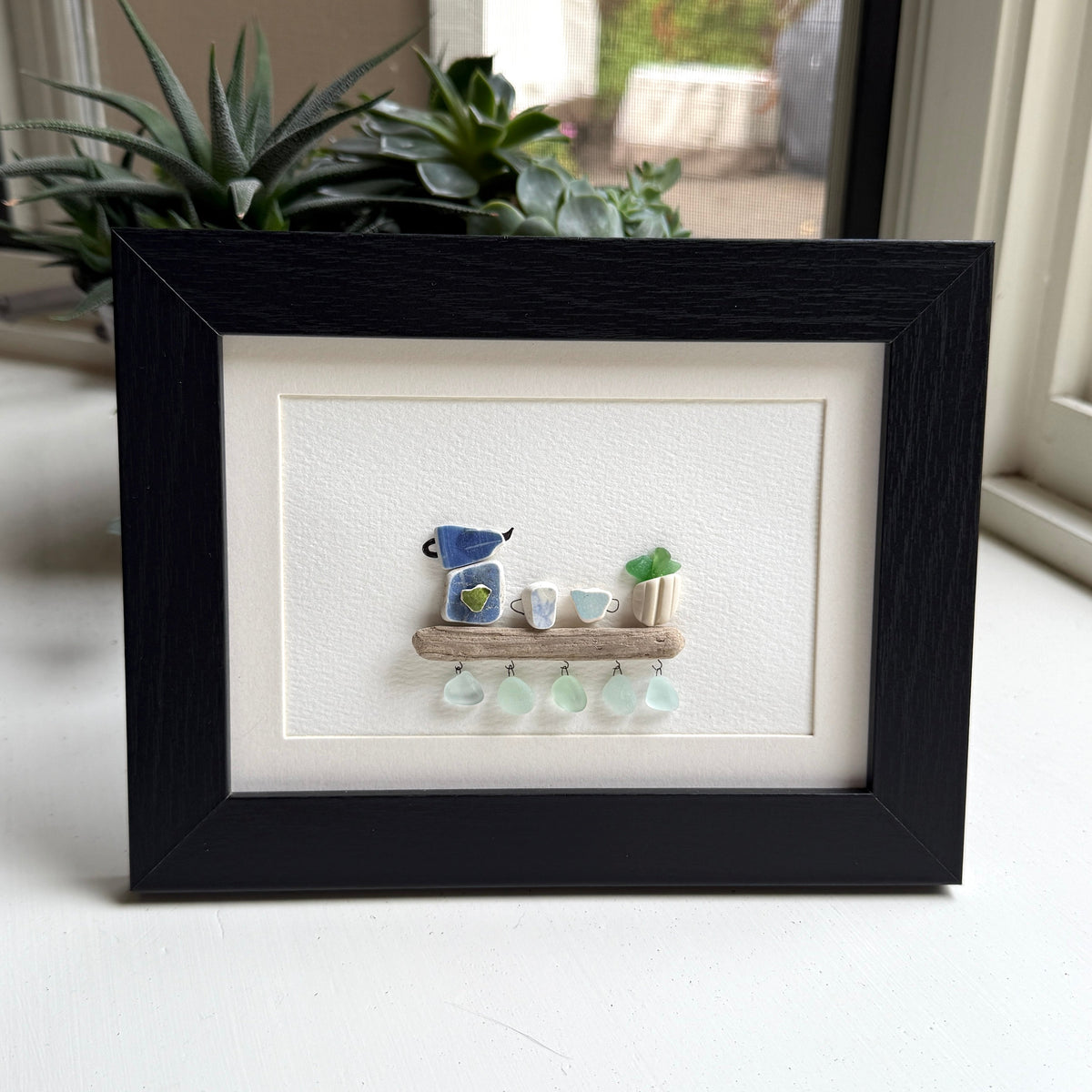 Coffee Bar Sea Glass Art – 5x7 Framed Coastal Beach Pottery Wall Decor