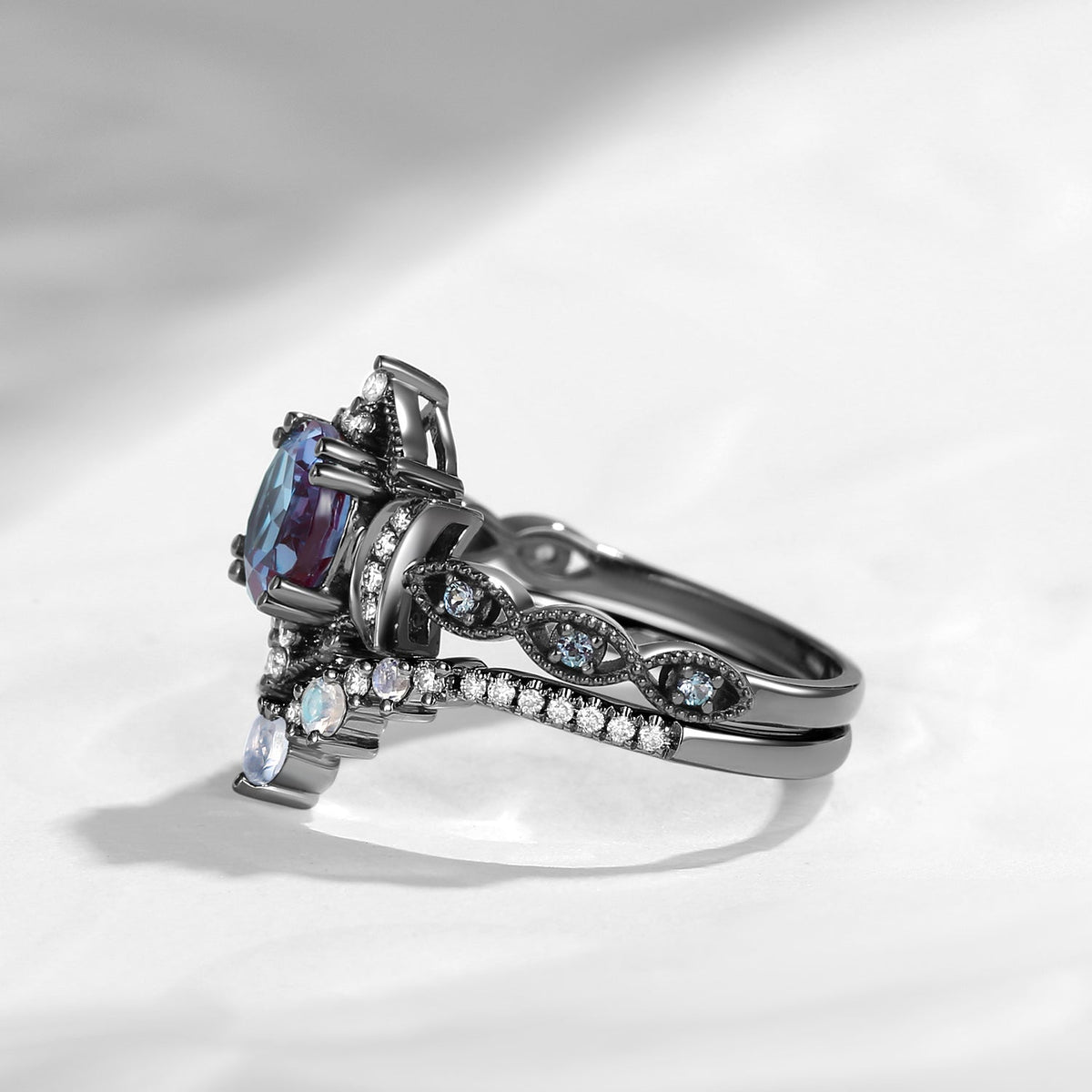 Crescent Moon | Round Cut Lab Alexandrite 'Black Statement' Ring Set 2pcs