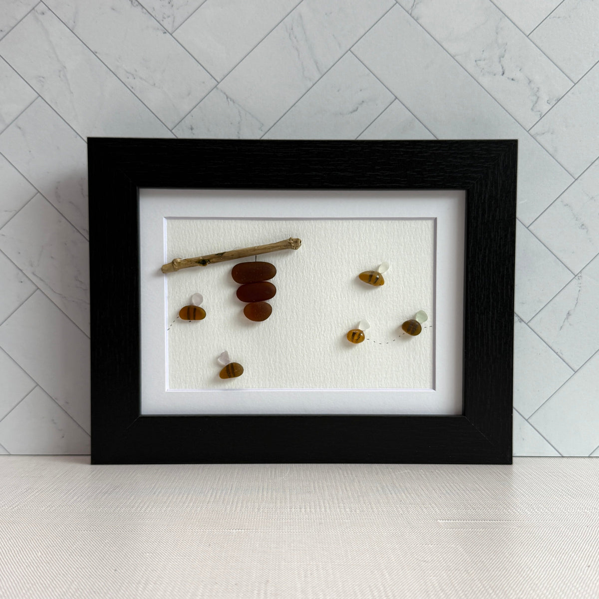 Honey Bee Sea Glass Art | 5x7 Framed Coastal Wall Decor | Handmade Gift for Gardener
