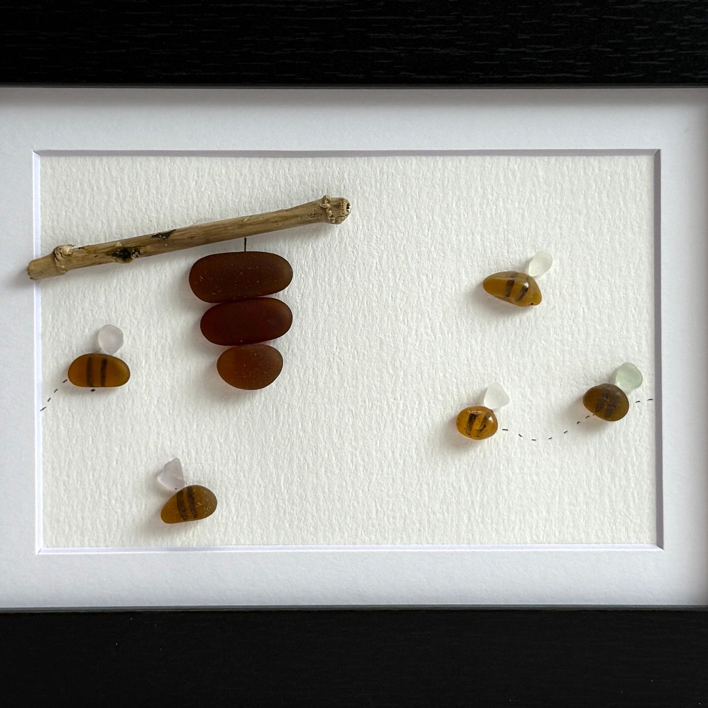 Honey Bee Sea Glass Art | 5x7 Framed Coastal Wall Decor | Handmade Gift for Gardener