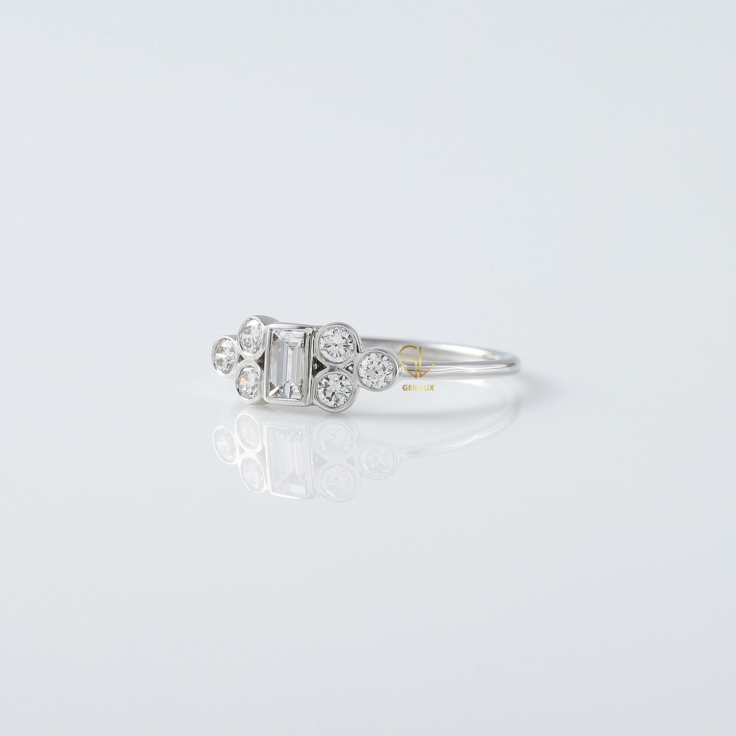 Emerald Cut Moissanite Seven Stone Ring - White Gold