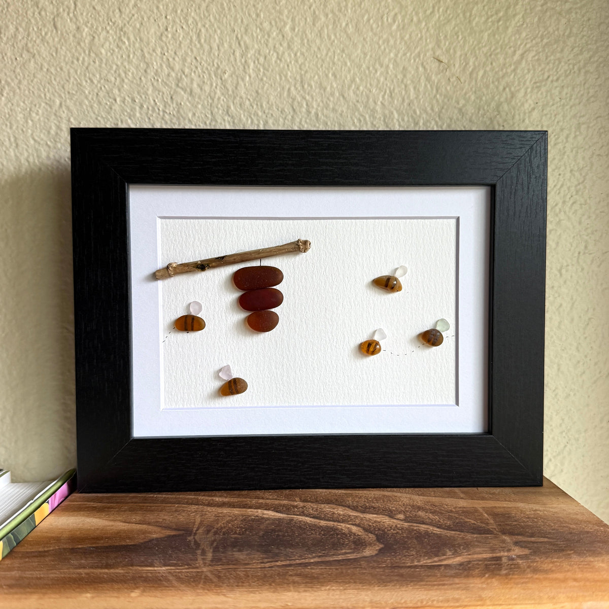 Honey Bee Sea Glass Art | 5x7 Framed Coastal Wall Decor | Handmade Gift for Gardener