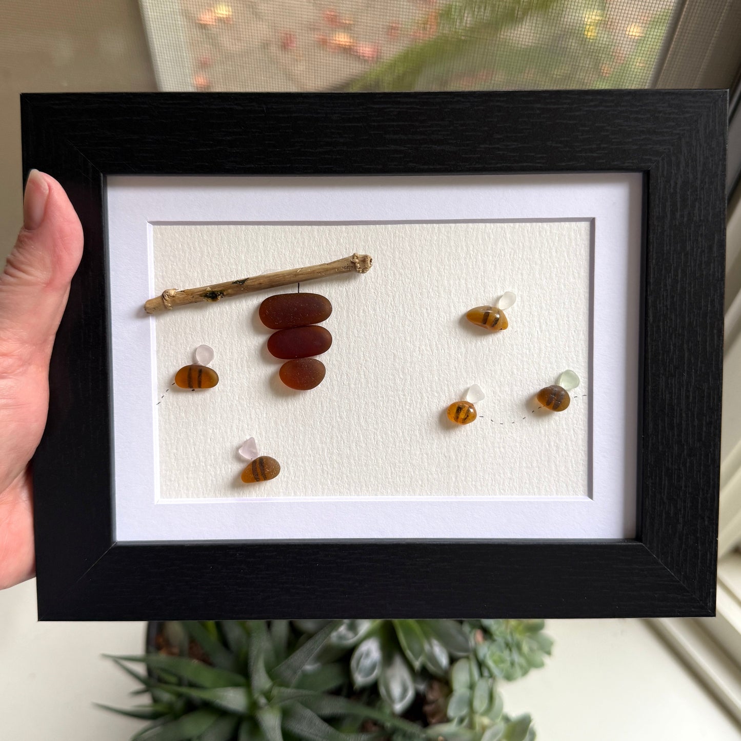 Honey Bee Sea Glass Art | 5x7 Framed Coastal Wall Decor | Handmade Gift for Gardener