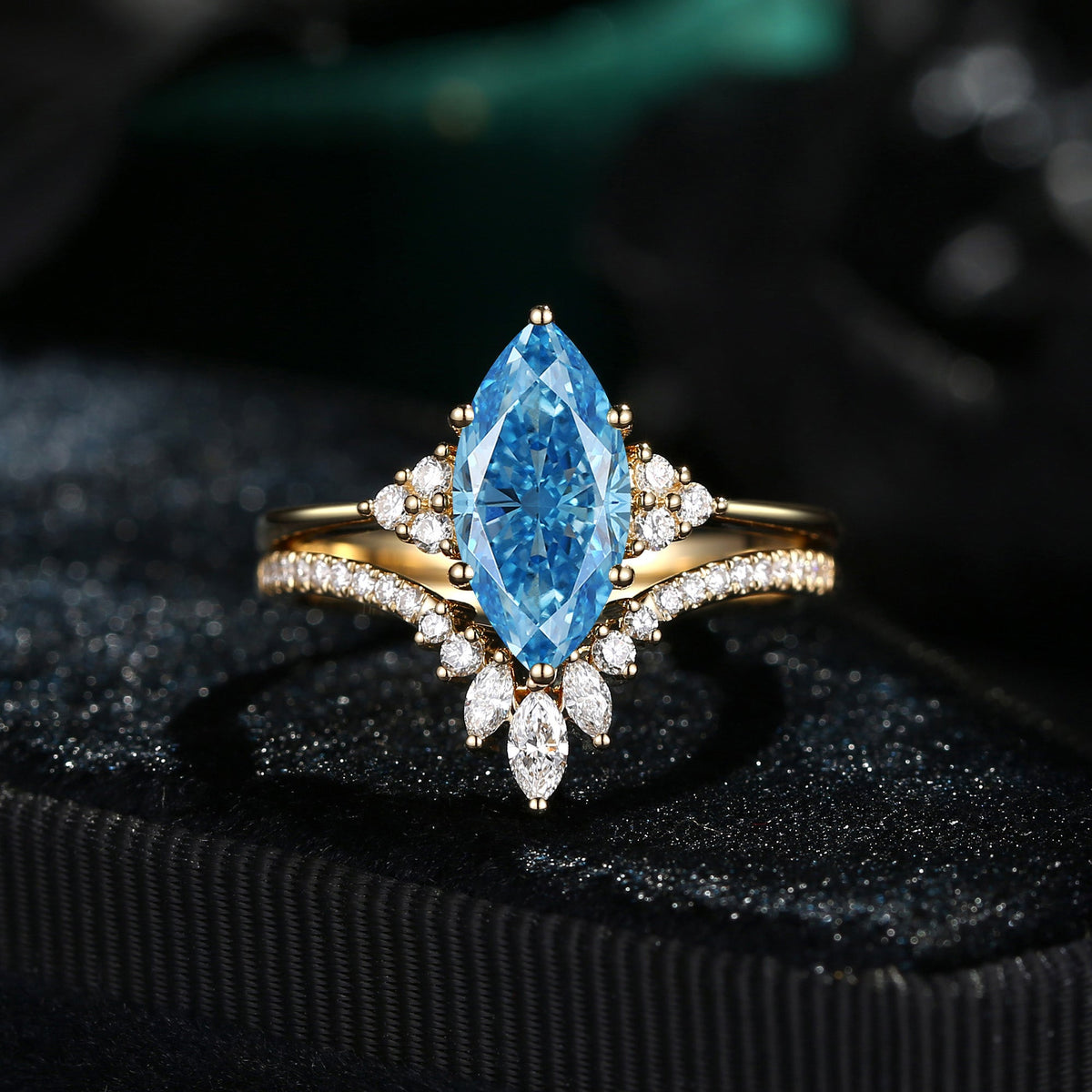 Classic Style Marquise Cut Lab Blue Diamond Cluster Engagement Ring Set 2pcs