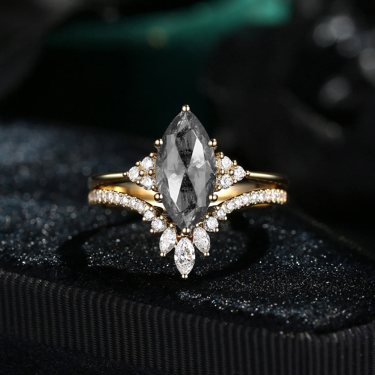 Classic Style Marquise Cut Salt & Pepper Diamond Cluster Engagement Ring Set