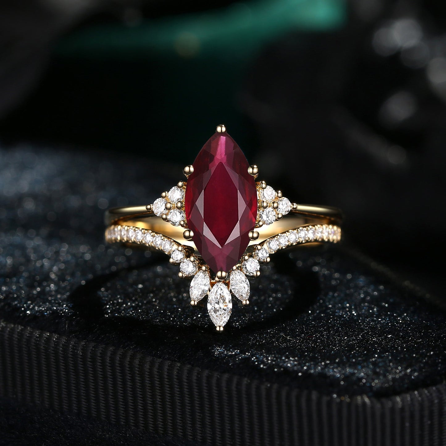 Classic Style Marquise Cut Natural Ruby Cluster Engagement Ring Set 2pcs - Electra